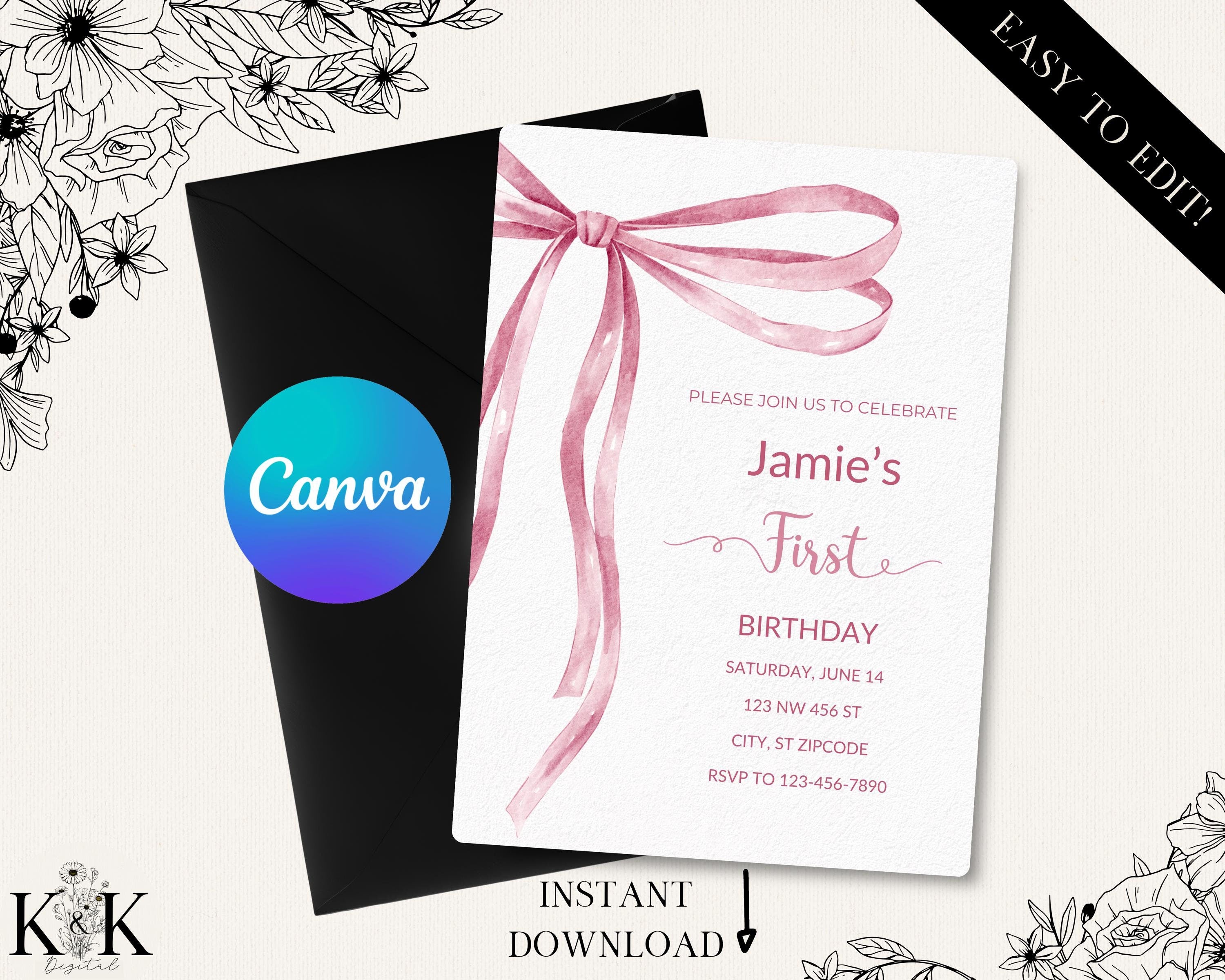 First Birthday, Coquette first Birthday Invitation, Girl 1st Birthday Invite, Fancy Bow Birthday Invitations , Editable Canva Template, B021