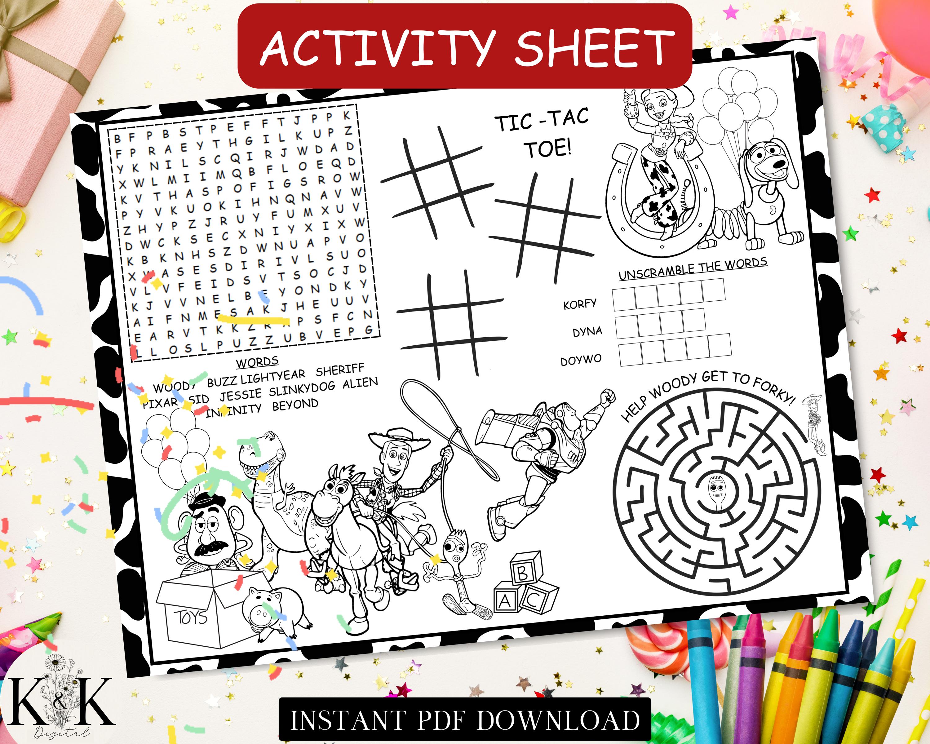 Toy Story Kid Activity Placemat, Kids Placemat, Kids Coloring Sheet, Toy Story Party Games, Activity Sheets for Kids, Coloring Page, T001