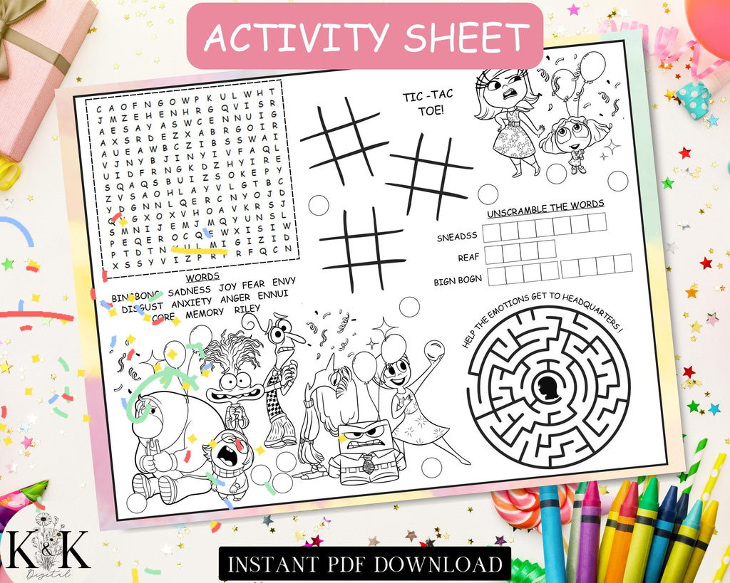 Inside Out Activity Placemat, Kids Placemat, Kids Coloring Sheet, Inside Out Party Games, Activity Sheets for Kids, Coloring Page, I001