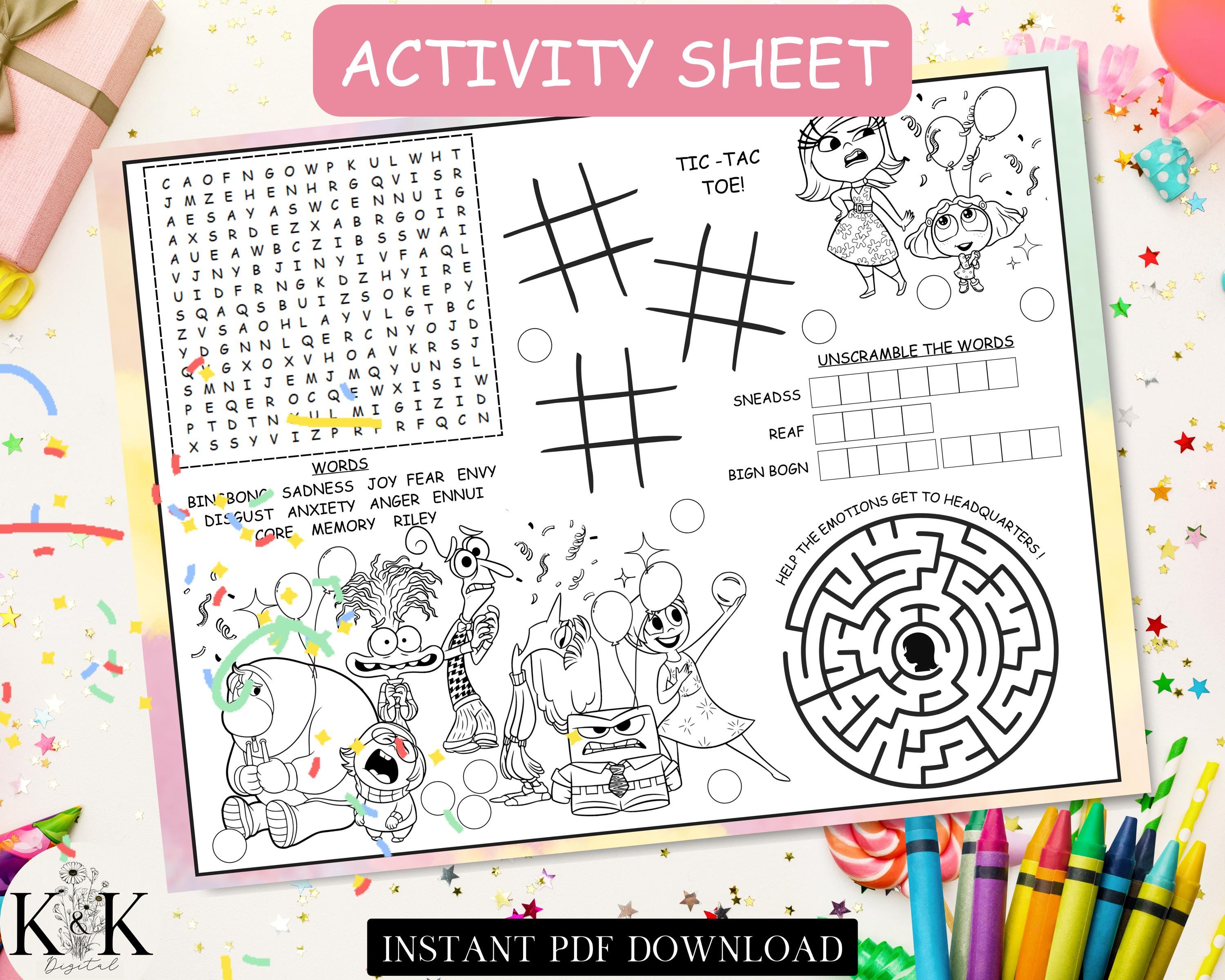 Inside Out Activity Placemat, Kids Placemat, Kids Coloring Sheet, Inside Out Party Games, Activity Sheets for Kids, Coloring Page, I001