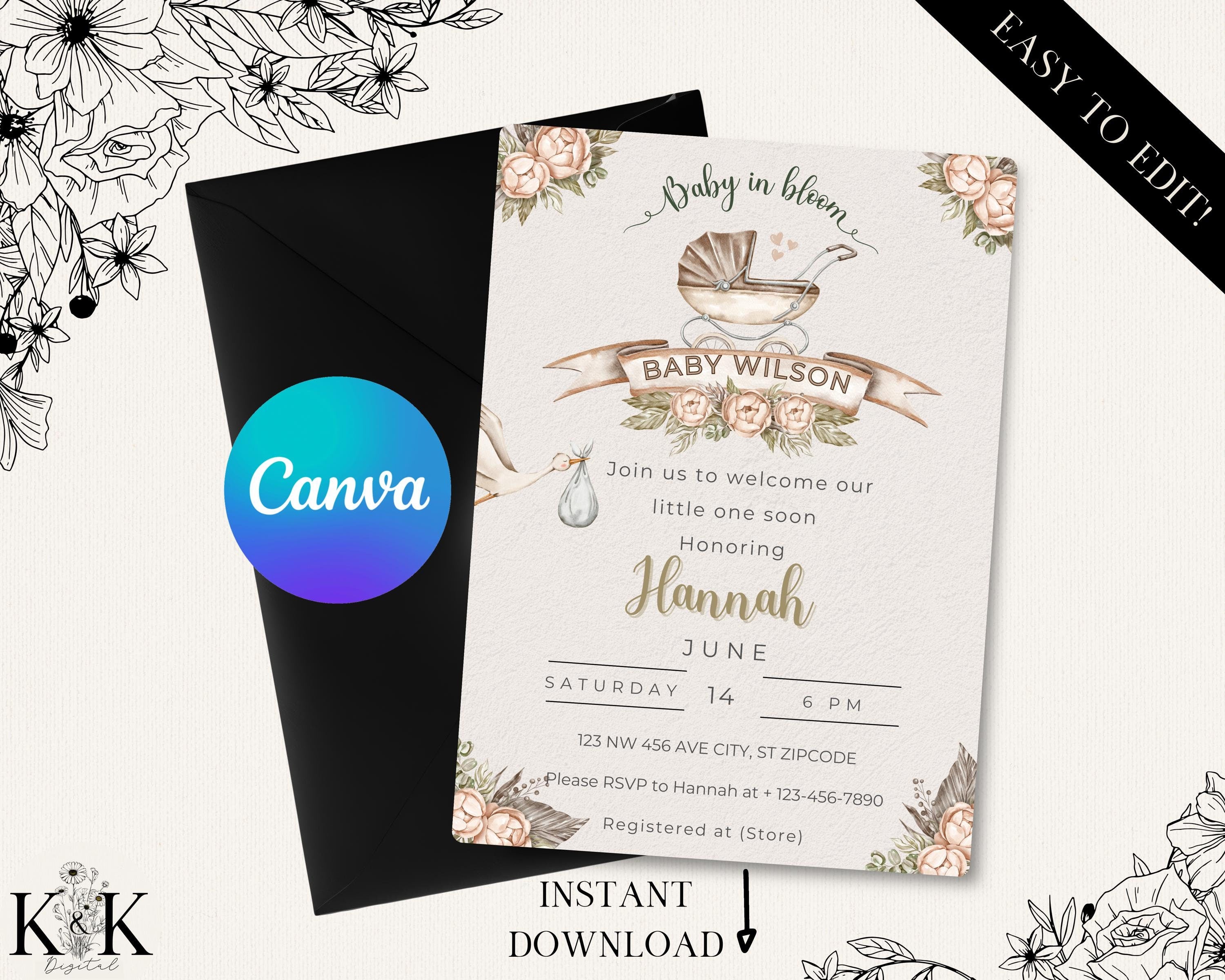 Baby in Bloom Invitation, Boho Baby Shower invitation, Floral Baby shower, Digital Baby shower invitation template, Canva Template, B003