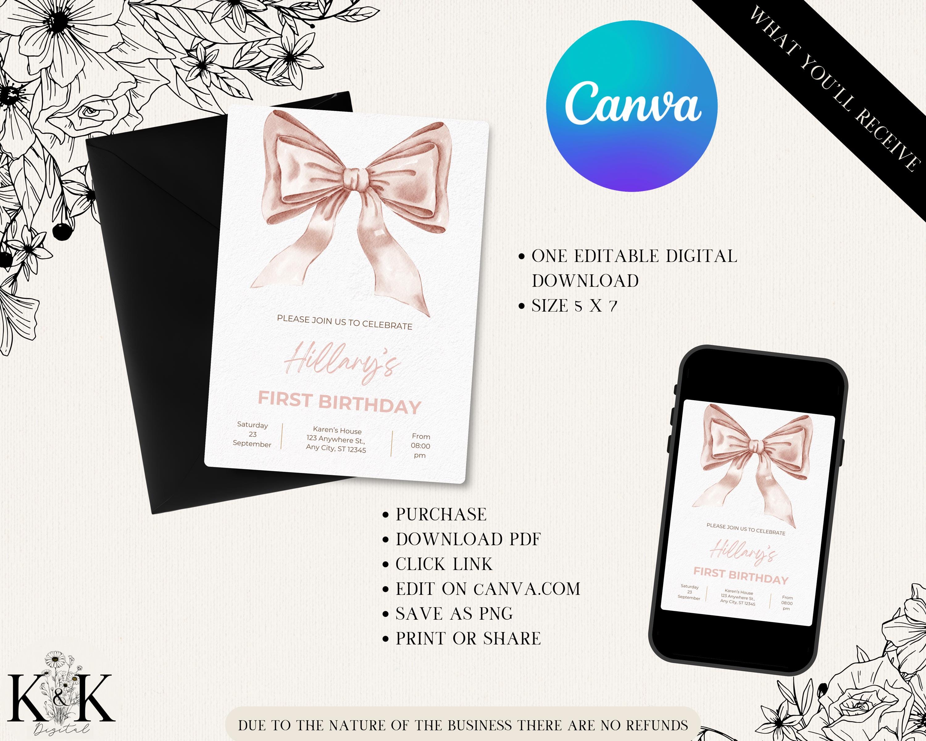 Editable Bow Invitation, 1st Birthday Minimalist Watercolor Ribbon, Birthday Party, Digital Invite, Canva Template, Coquette First Bday,B016