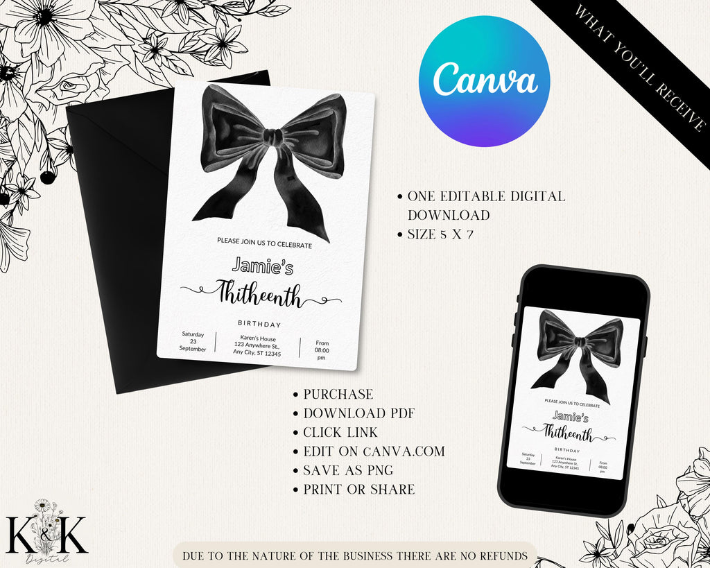 Coquette 13th Birthday Invitation, Girl Mobile 13th Birthday Invite, Fancy Bow Birthday Invitations for 13th, Sleepover Invitation, B017