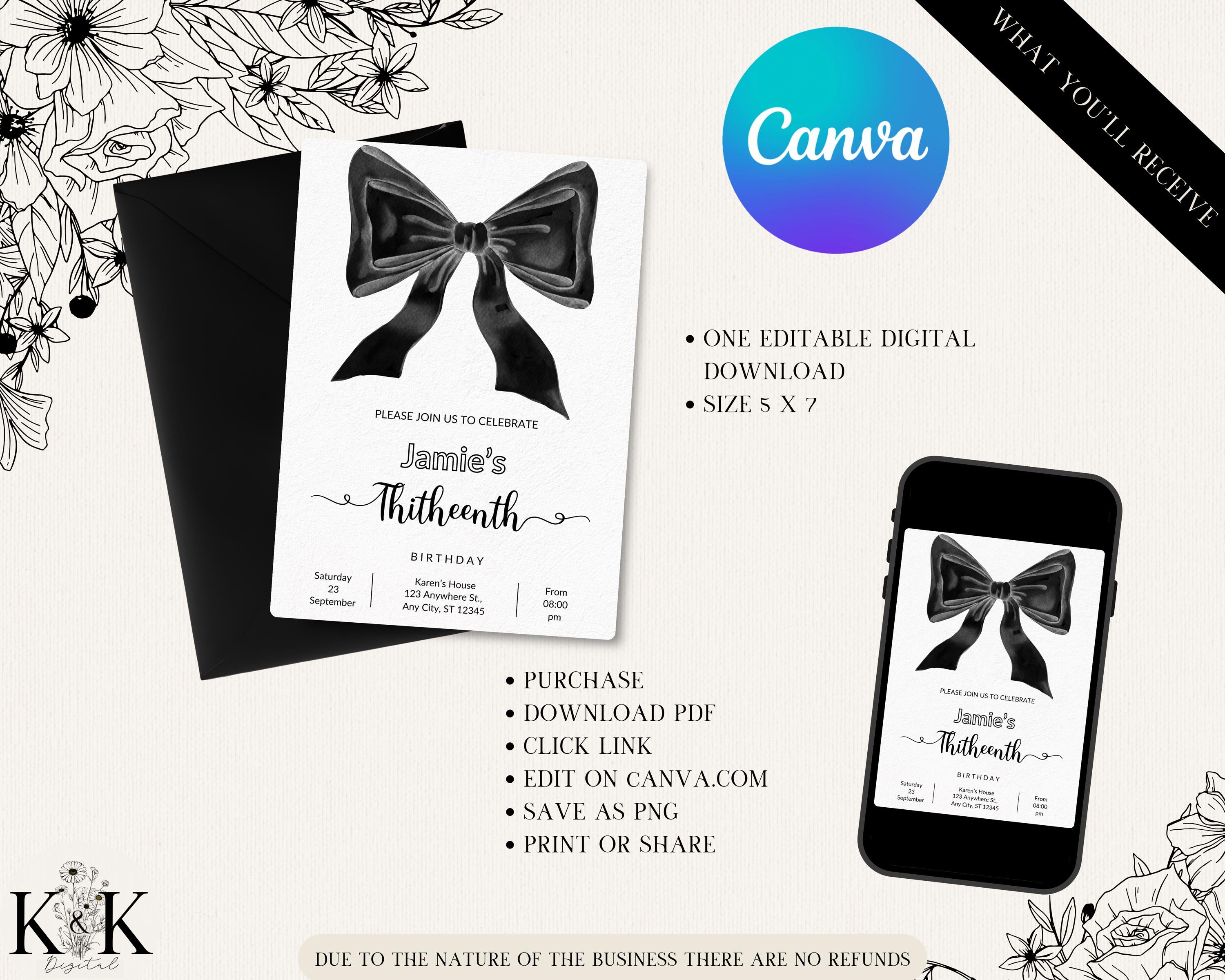 Coquette 13th Birthday Invitation, Girl Mobile 13th Birthday Invite, Fancy Bow Birthday Invitations for 13th, Sleepover Invitation, B017