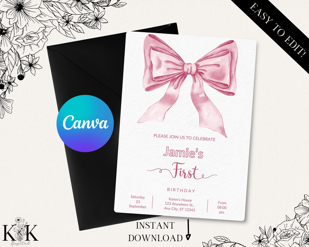 First Birthday, Coquette 1st Birthday Invitation, Girl 1st Birthday Invite, Fancy Bow Birthday Invitations , Editable Canva Template, B019