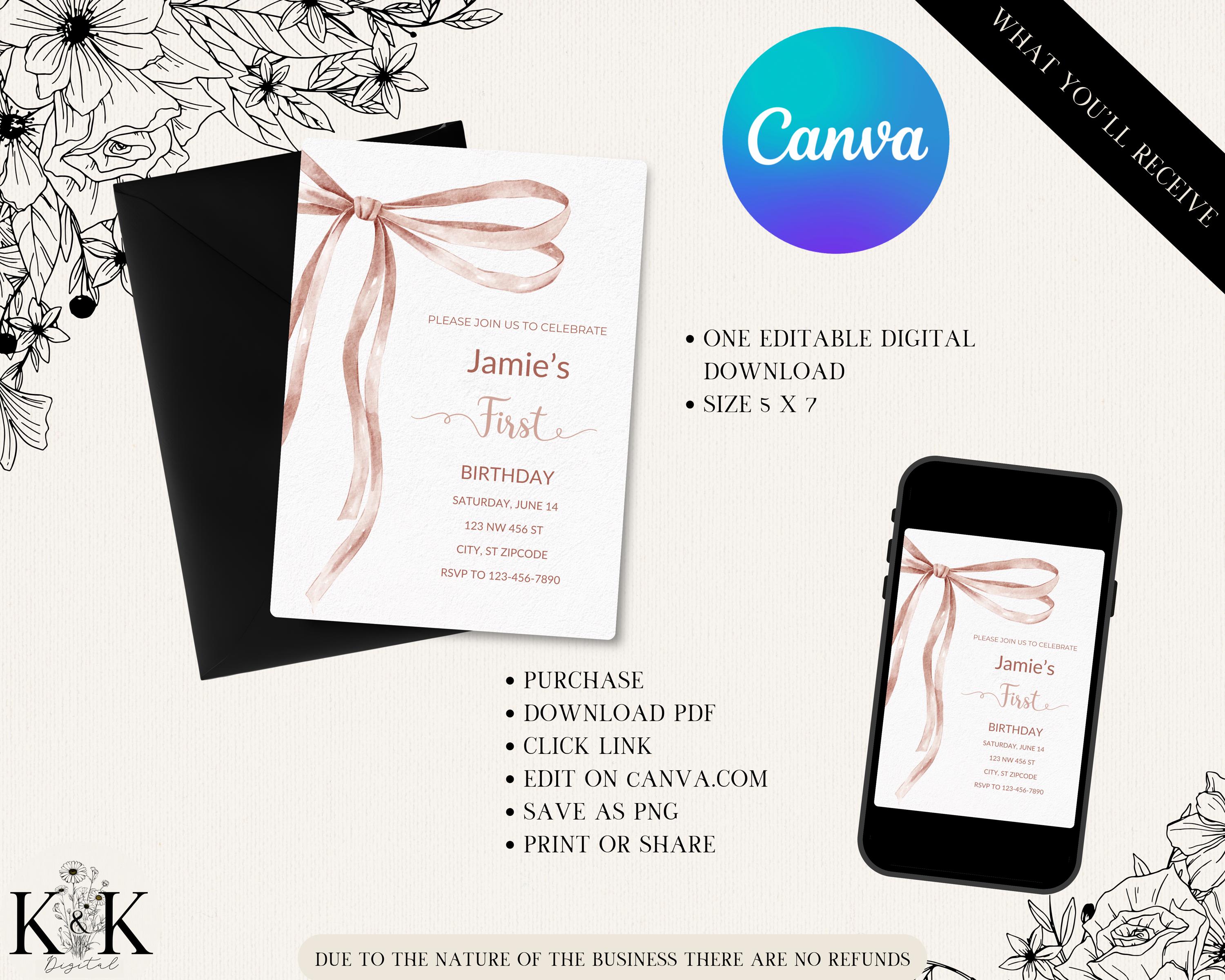 First Birthday, Coquette 1st Birthday Invitation, Girl 1st Birthday Invite, Fancy Bow Birthday Invitations , Editable Canva Template, B020