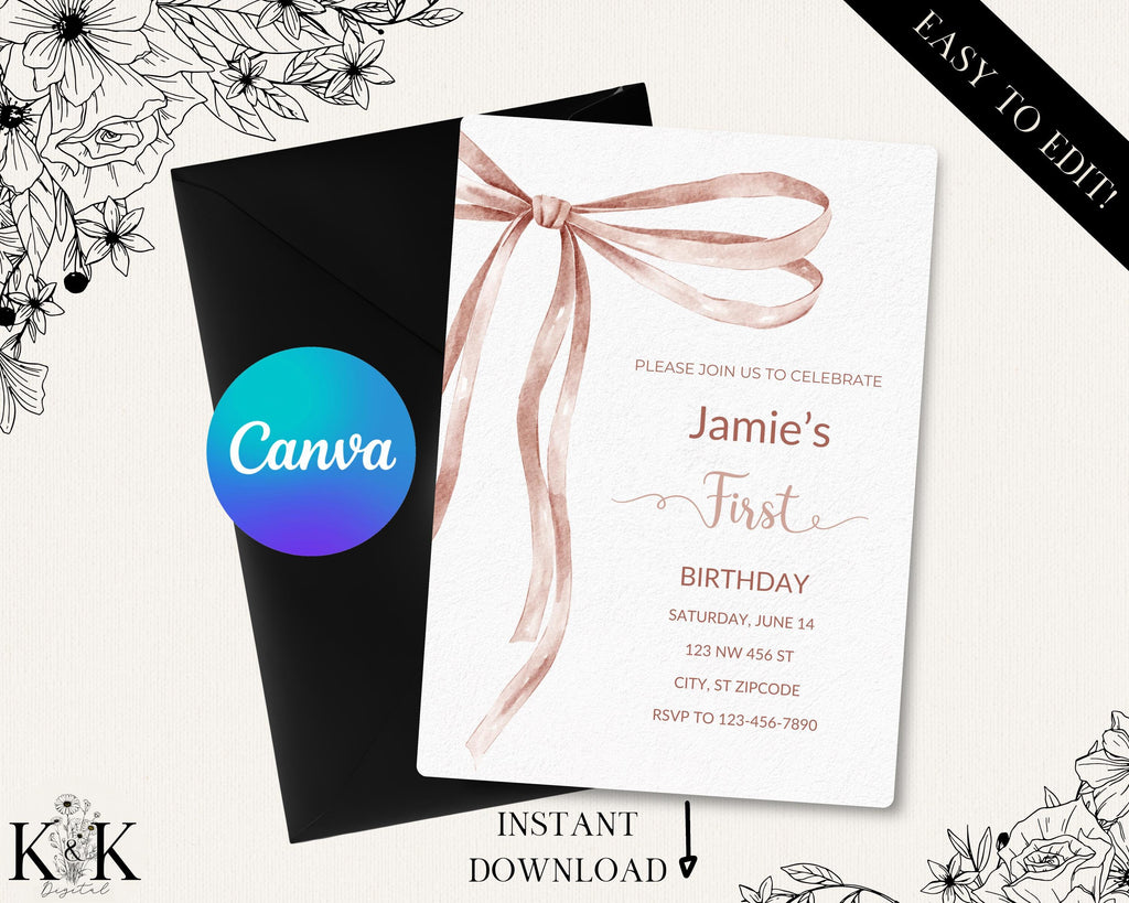 First Birthday, Coquette 1st Birthday Invitation, Girl 1st Birthday Invite, Fancy Bow Birthday Invitations , Editable Canva Template, B020