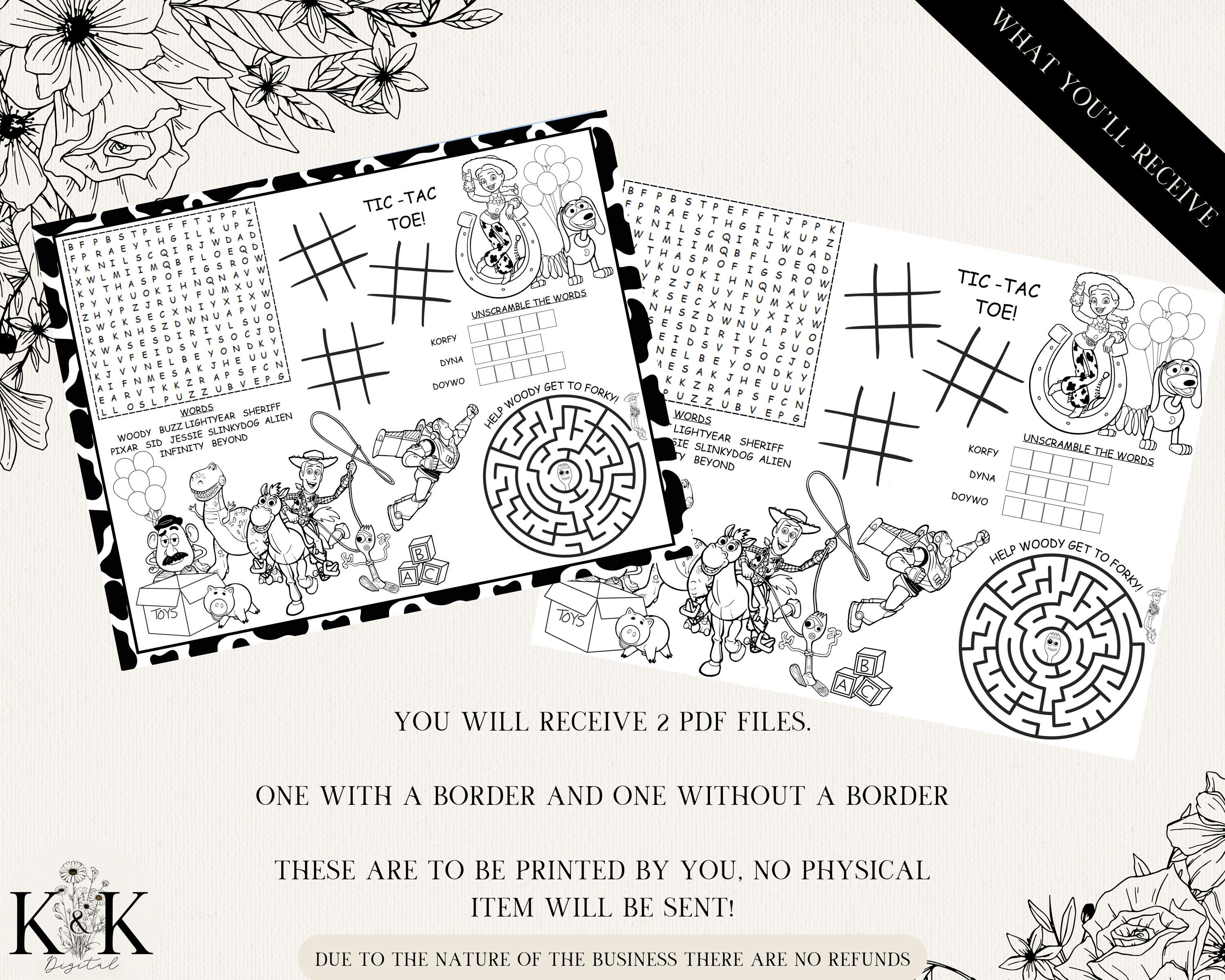Toy Story Kid Activity Placemat, Kids Placemat, Kids Coloring Sheet, Toy Story Party Games, Activity Sheets for Kids, Coloring Page, T001