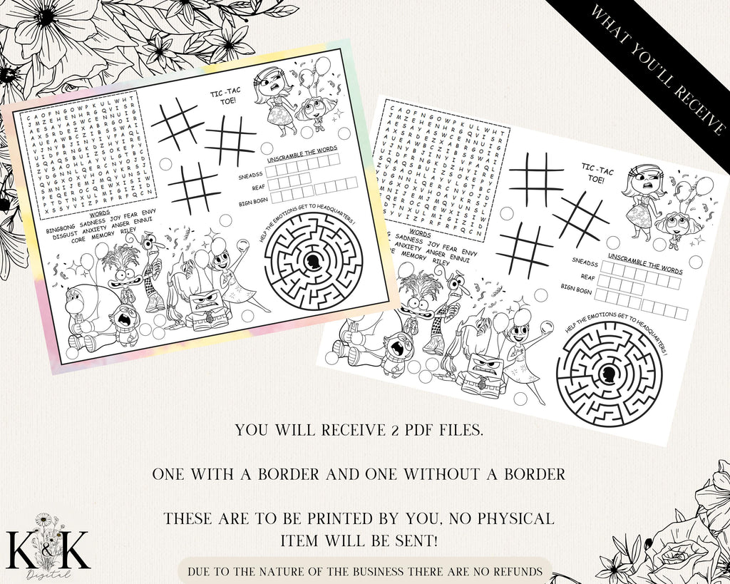 Inside Out Activity Placemat, Kids Placemat, Kids Coloring Sheet, Inside Out Party Games, Activity Sheets for Kids, Coloring Page, I001