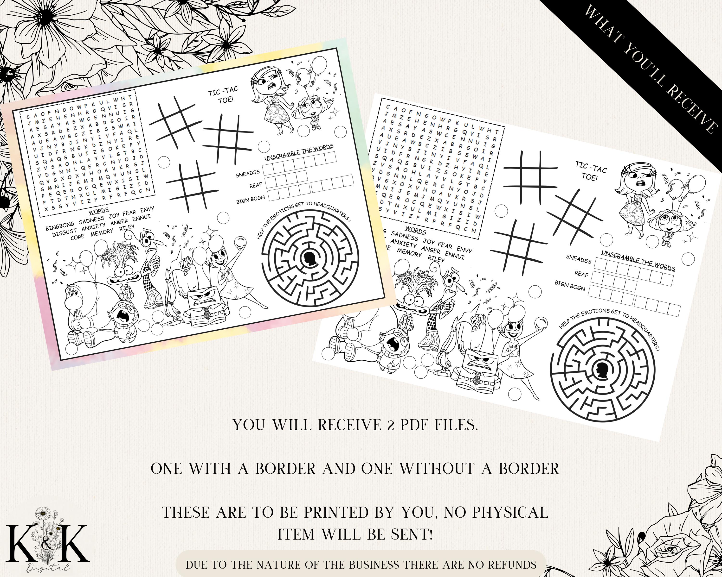 Inside Out Activity Placemat, Kids Placemat, Kids Coloring Sheet, Inside Out Party Games, Activity Sheets for Kids, Coloring Page, I001