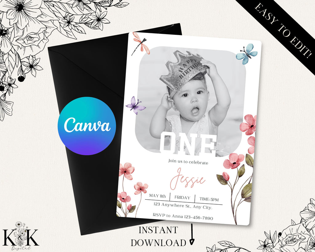 Editable 1st Birthday Photo Invitation, Minimal First Birthday Invite Template, Floral Girl First Birthday Invitation, Instant Download P001