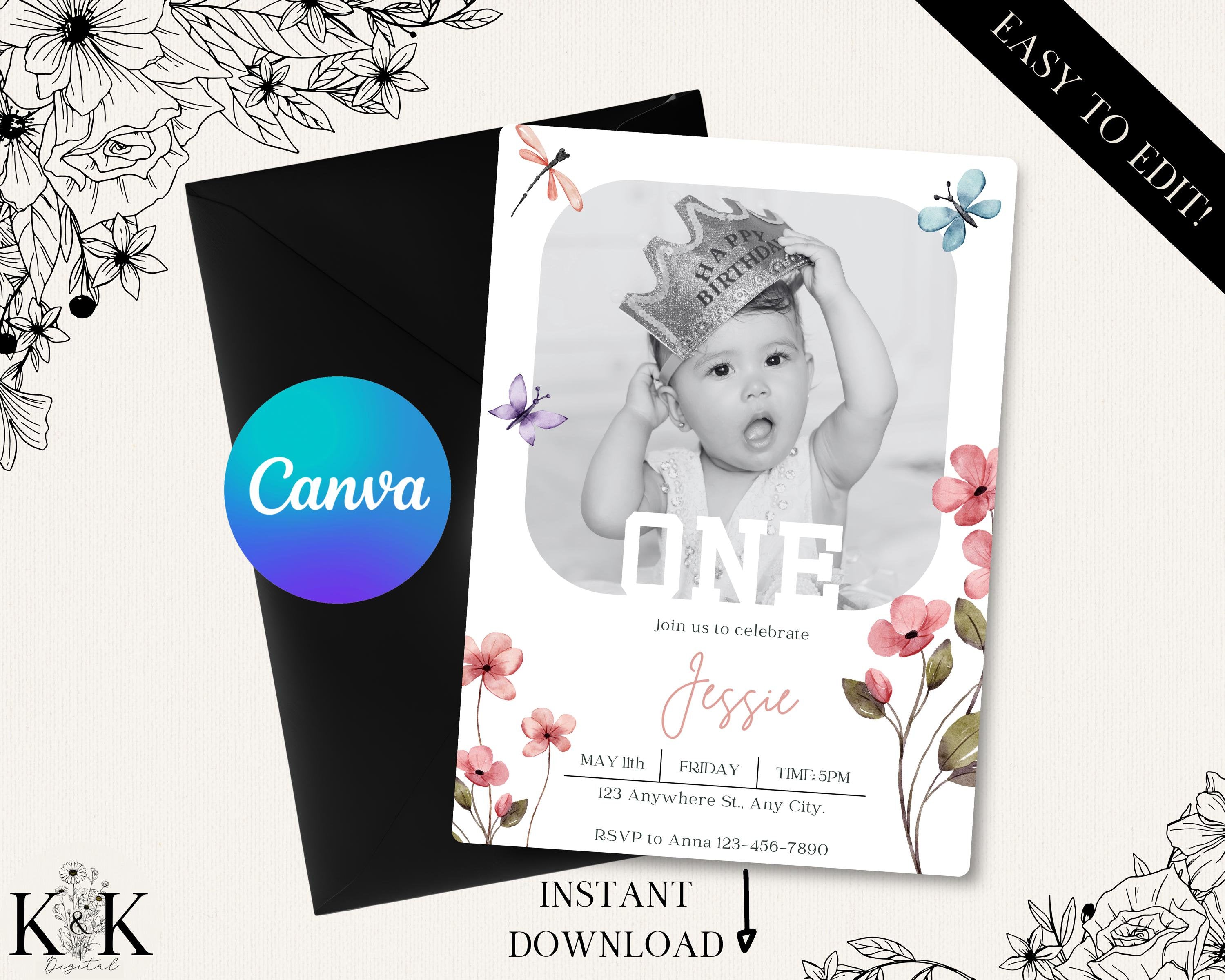 Editable 1st Birthday Photo Invitation, Minimal First Birthday Invite Template, Floral Girl First Birthday Invitation, Instant Download P001