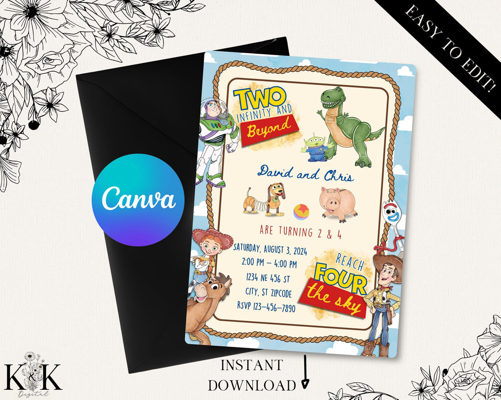 Two Infinity And Beyond, Reach for the Sky fourth Birthday Toy Story Invitation,Kids Digital invitation, Kids Birthday Party, Template, T001