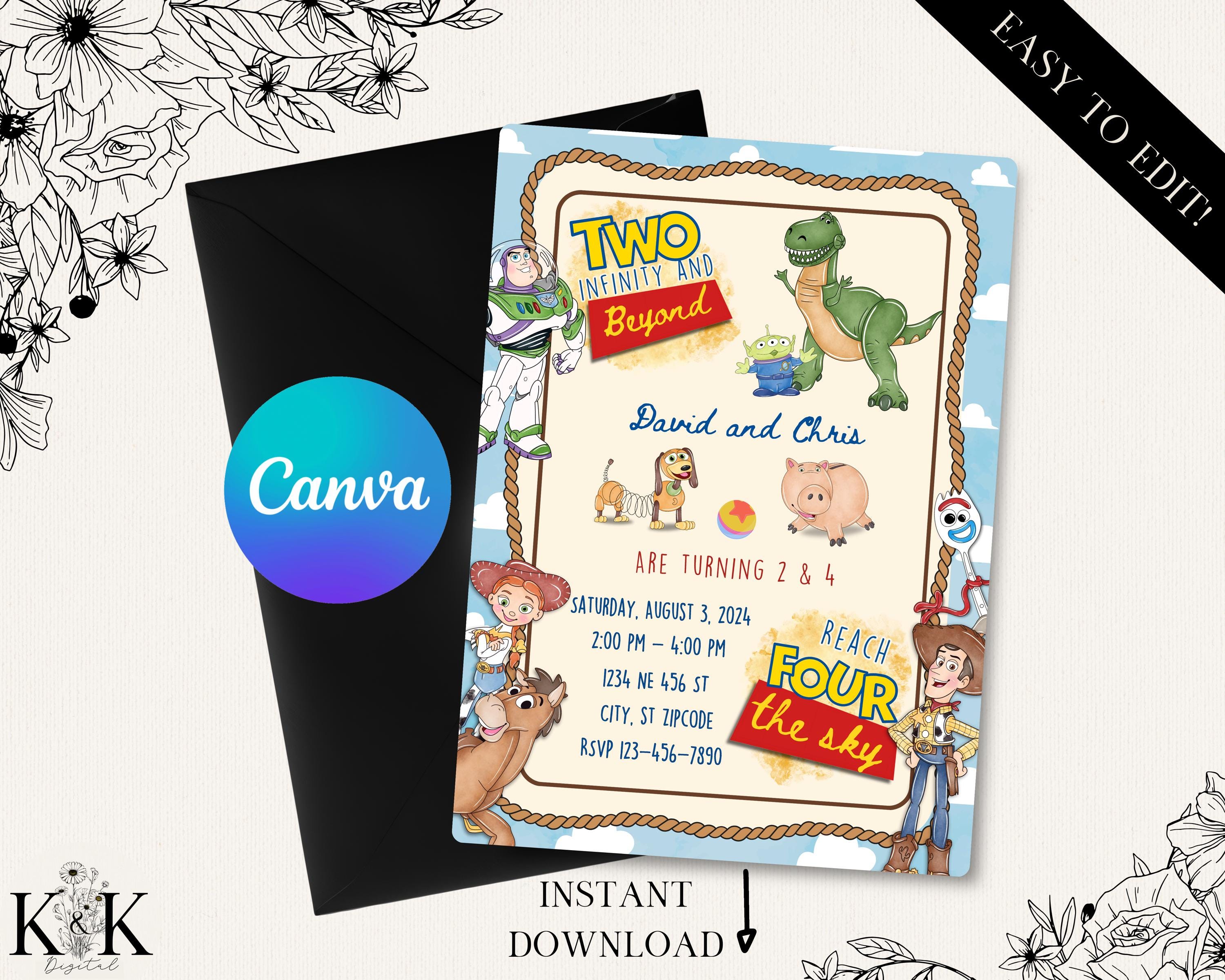 Two Infinity And Beyond, Reach for the Sky fourth Birthday Toy Story Invitation,Kids Digital invitation, Kids Birthday Party, Template, T001