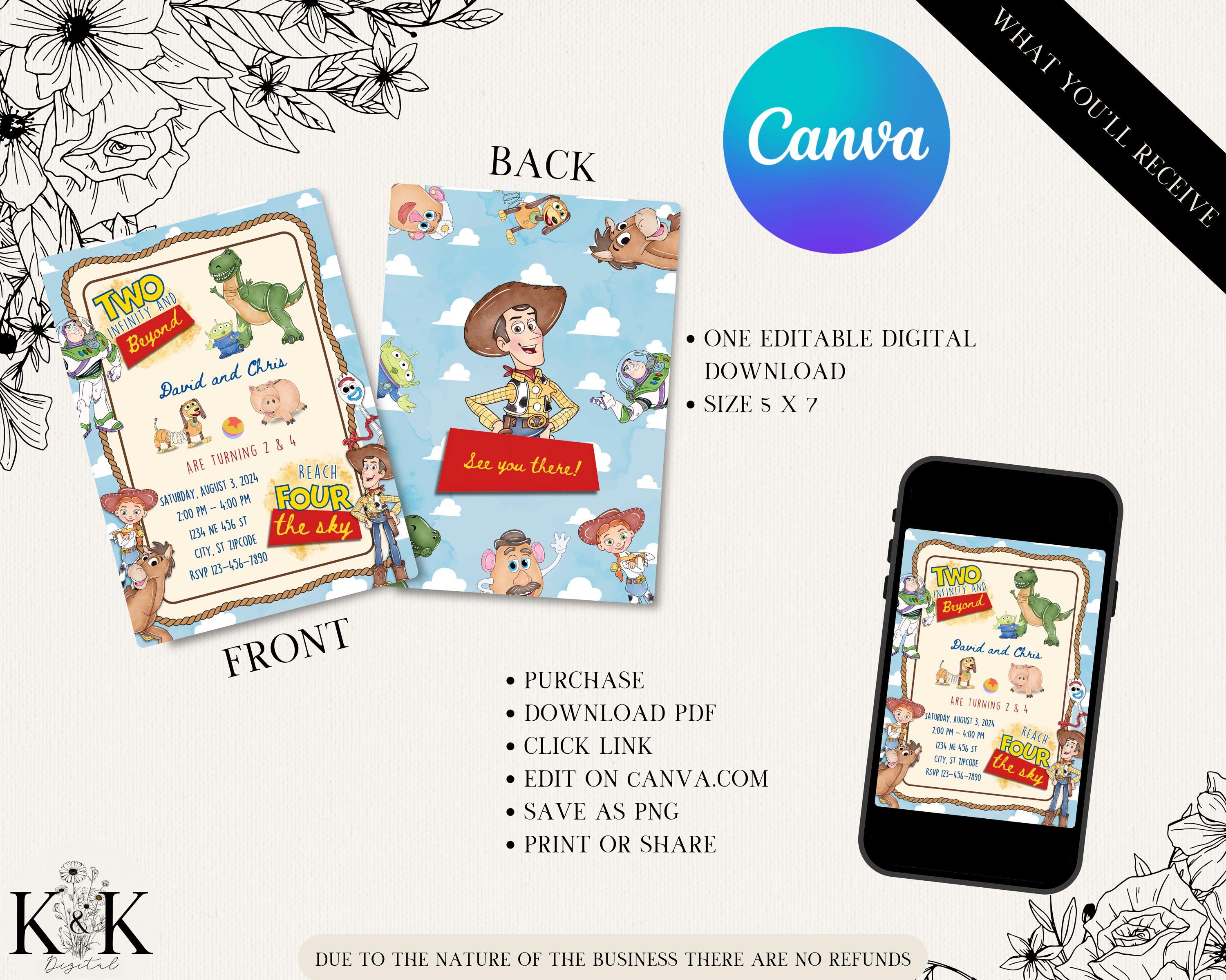 Two Infinity And Beyond, Reach for the Sky fourth Birthday Toy Story Invitation,Kids Digital invitation, Kids Birthday Party, Template, T001