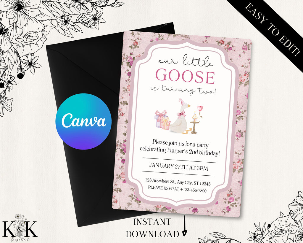 One Silly Goose First Birthday Invitation, Vintage Floral Editable First Birthday Invite, 1st Blush Pink Birthday for Girls, Boho, Coquette