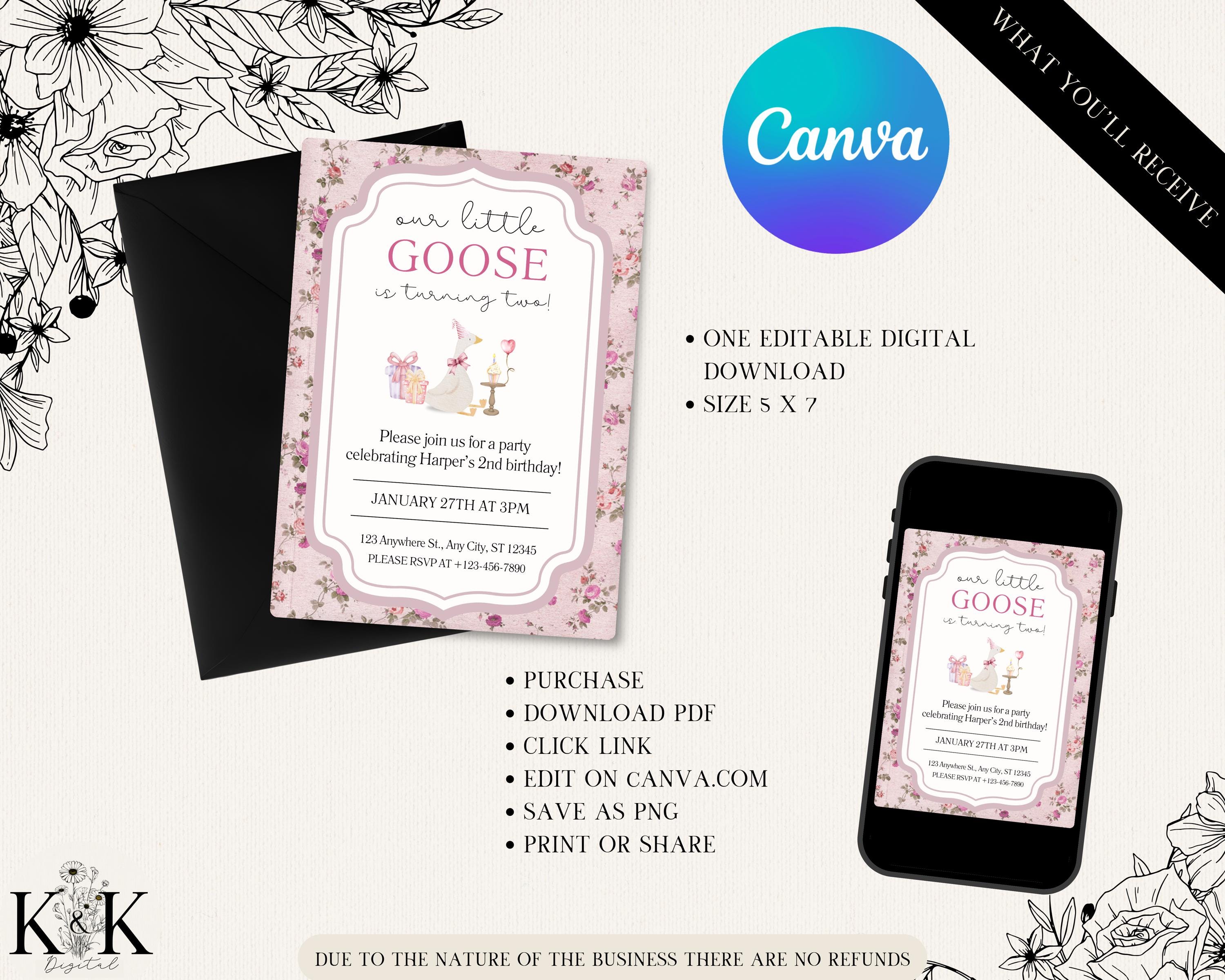 One Silly Goose First Birthday Invitation, Vintage Floral Editable First Birthday Invite, 1st Blush Pink Birthday for Girls, Boho, Coquette