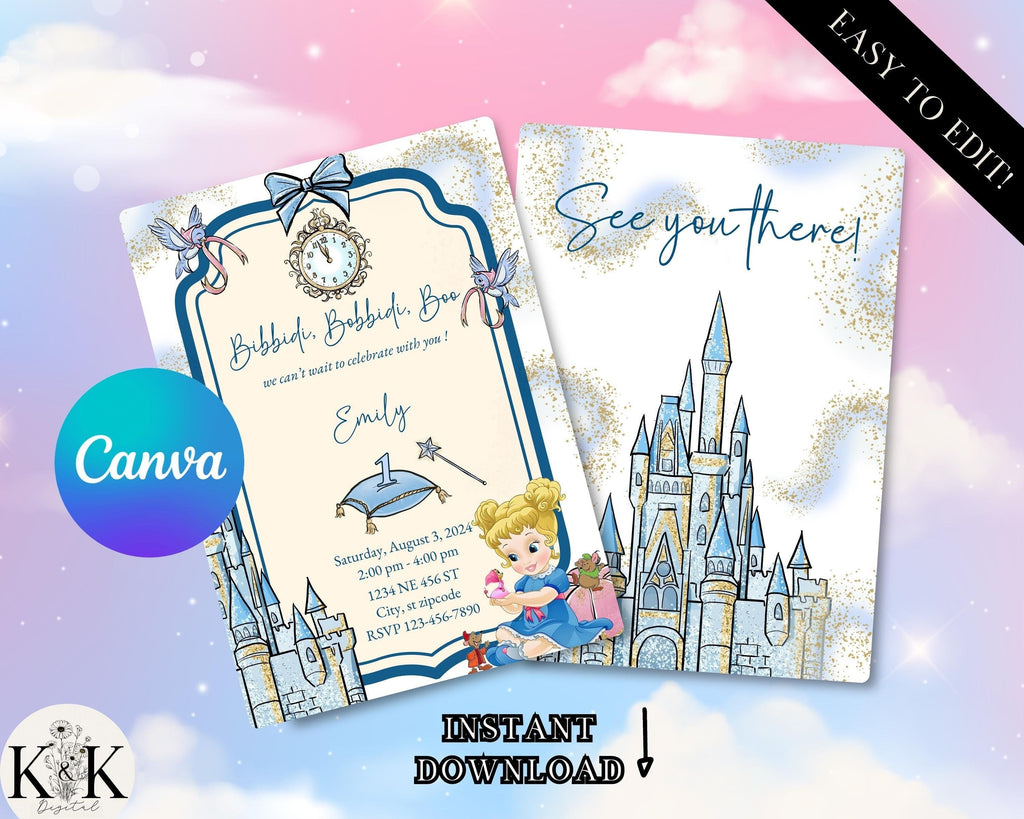 Baby Cinderella Digital, Invitation, Customizable Printable, Princess Baby Shower Invitation, Birthday Party Invite, Instant Download, BC001