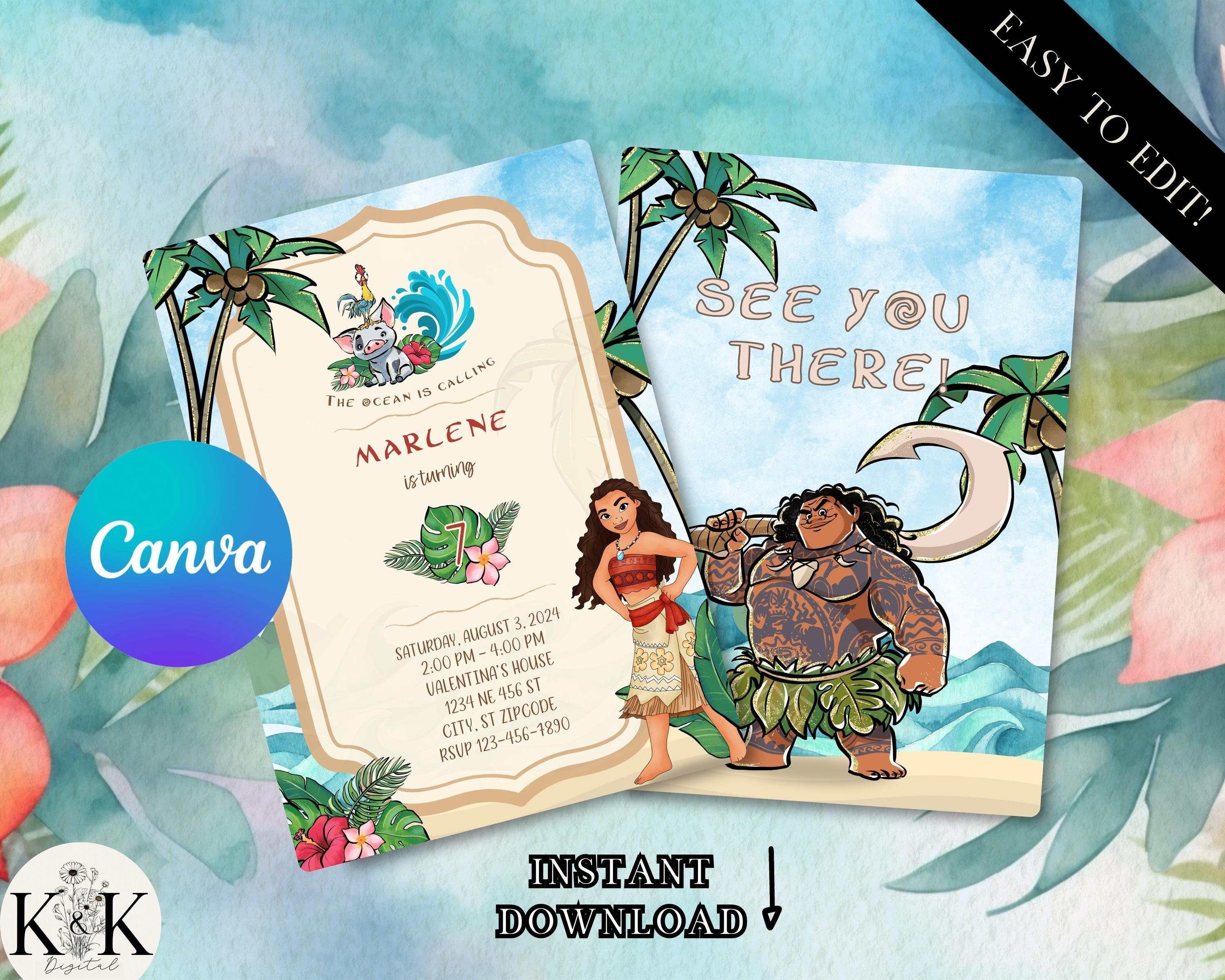 Editable Moana Birthday Invitation, Printable Moana Birthday invite, Kids party Template, Canva Template ,Instant Download, Tropical