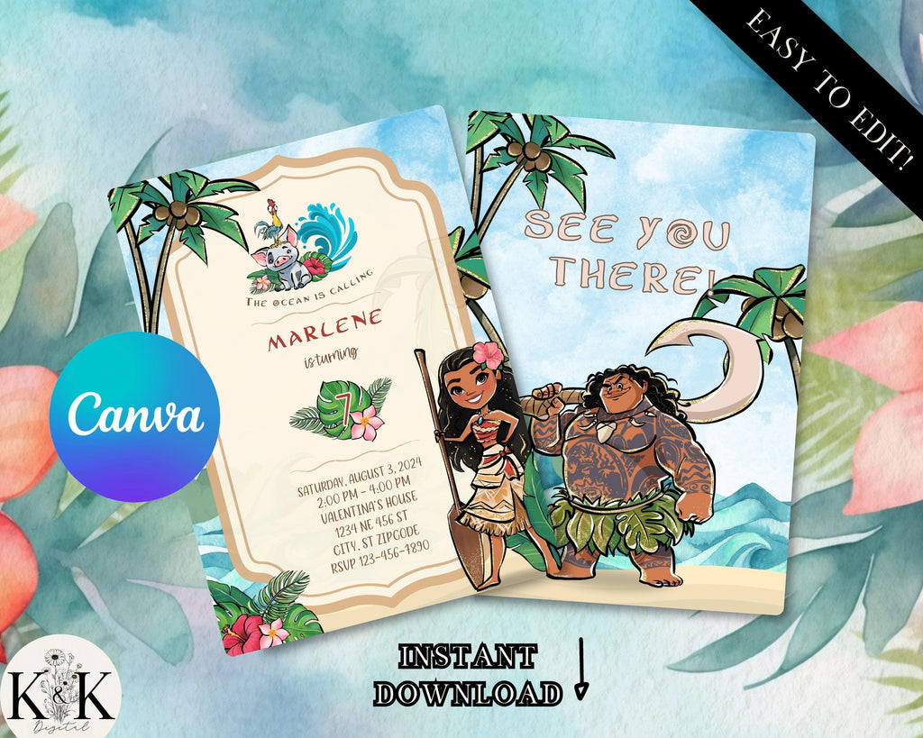 Editable Baby Moana Birthday Invitation, Printable Moana Birthday invite, Kids party Template, Canva Template ,Instant Download, Tropical