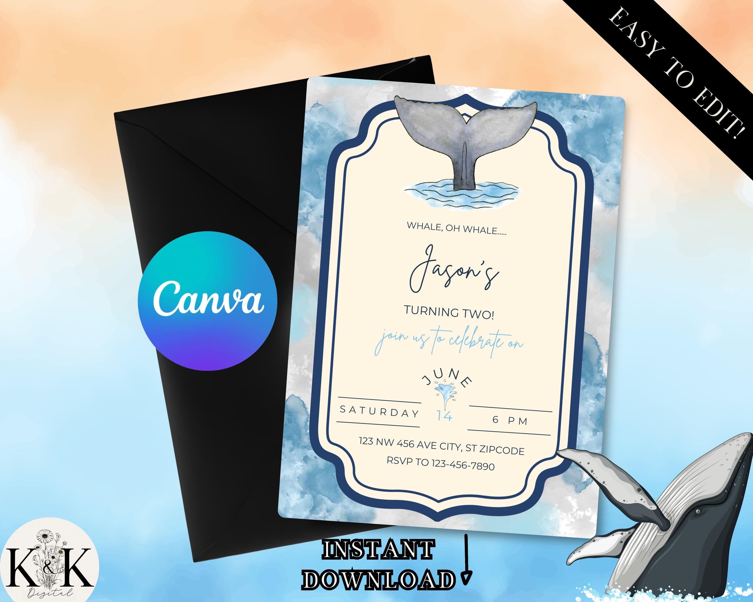 Whale Oh Whale Digital Invitation, Whale Birthday, Whale Birthday Invitation, Instant Download, Editable, Under the Sea, Canva Template