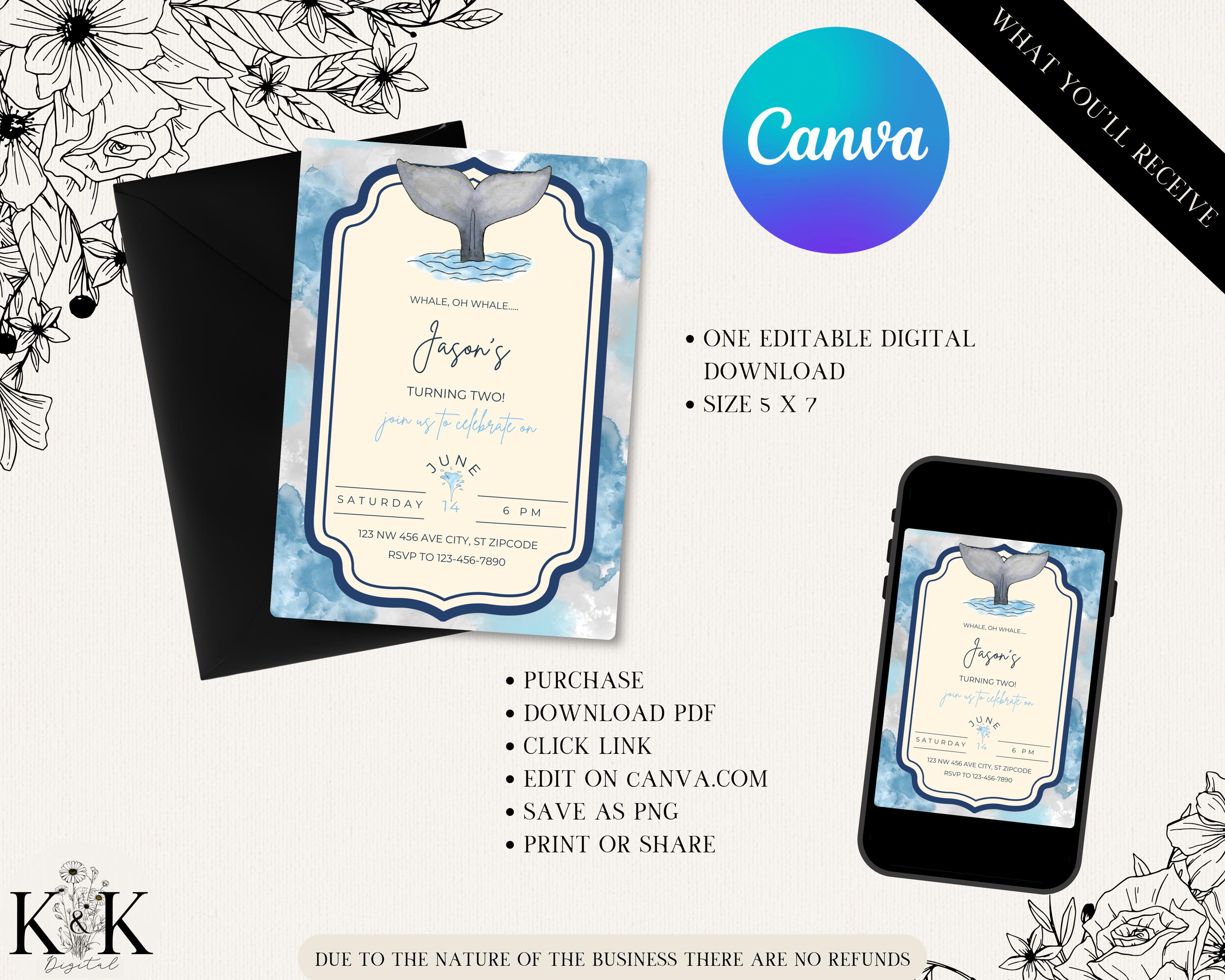 Whale Oh Whale Digital Invitation, Whale Birthday, Whale Birthday Invitation, Instant Download, Editable, Under the Sea, Canva Template