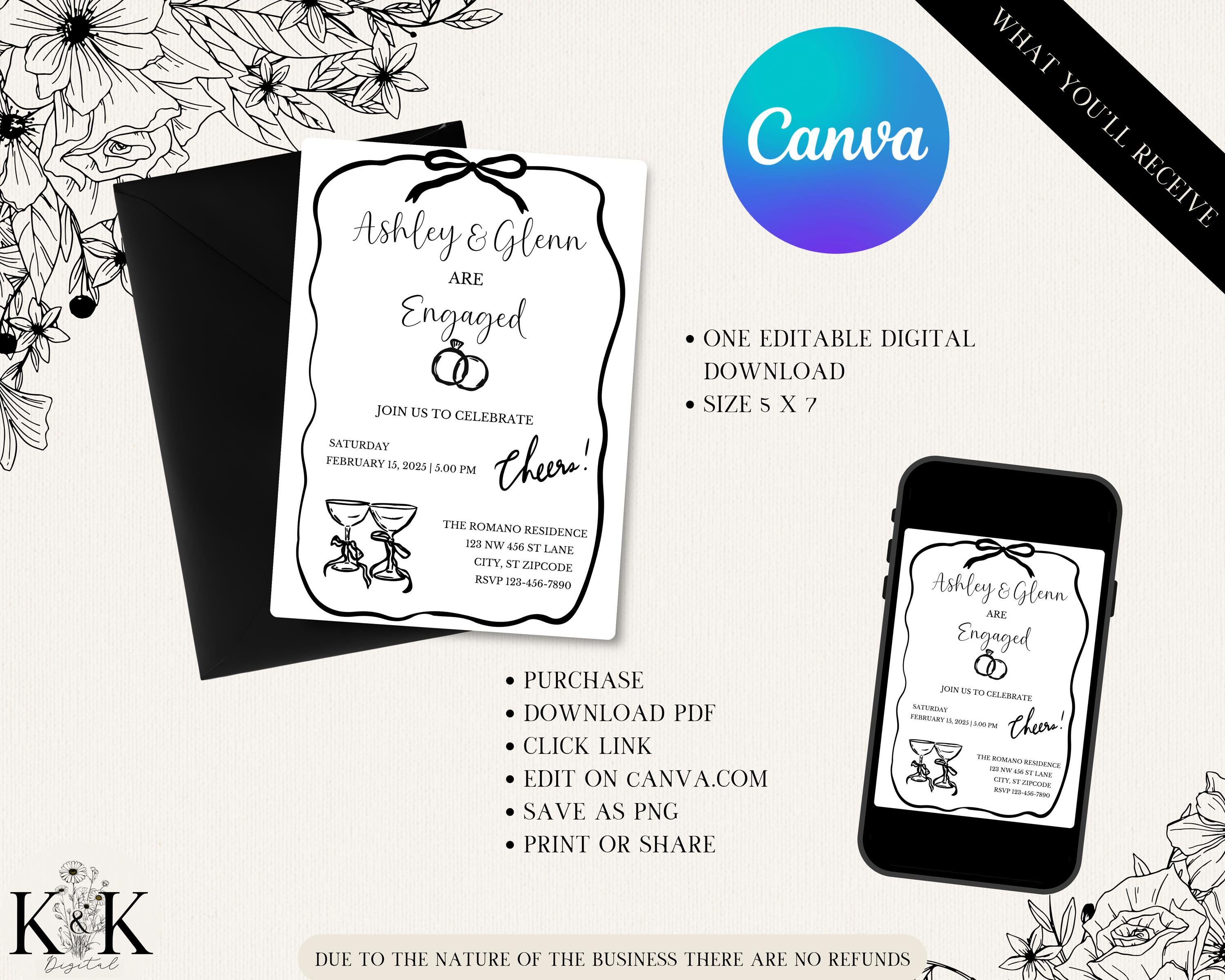 Engagement Party Invitation, Party Invitation, Lets Celebrate, DIY Canva Template, Bride To Be, She Said Yes, Wedding Template, Coquette
