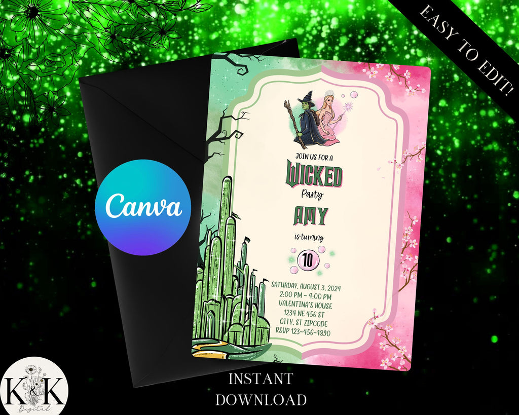 Editable Wicked Birthday Party Invitation, Wicked party invite, WICKED invitation, Elphaba & Glinda Theme, Movie party invite