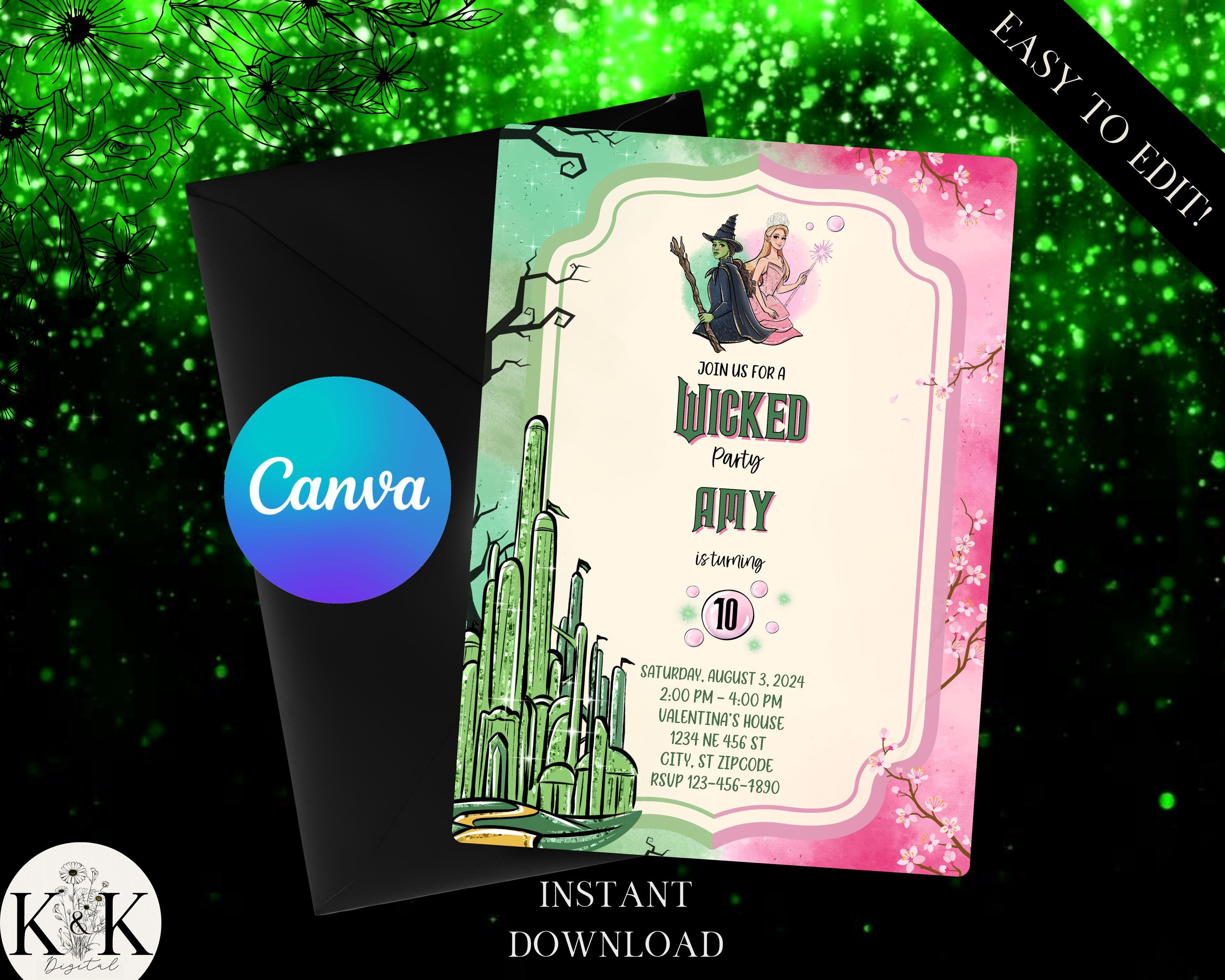 Editable Wicked Birthday Party Invitation, Wicked party invite, WICKED invitation, Elphaba & Glinda Theme, Movie party invite