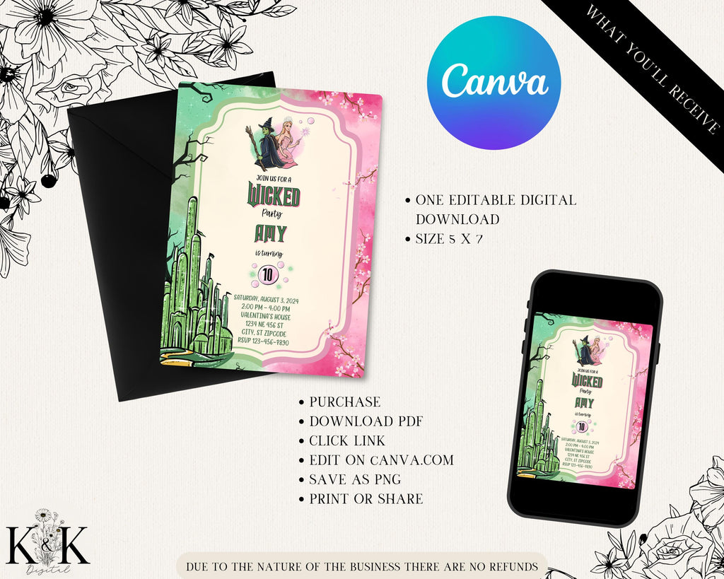 Editable Wicked Birthday Party Invitation, Wicked party invite, WICKED invitation, Elphaba & Glinda Theme, Movie party invite