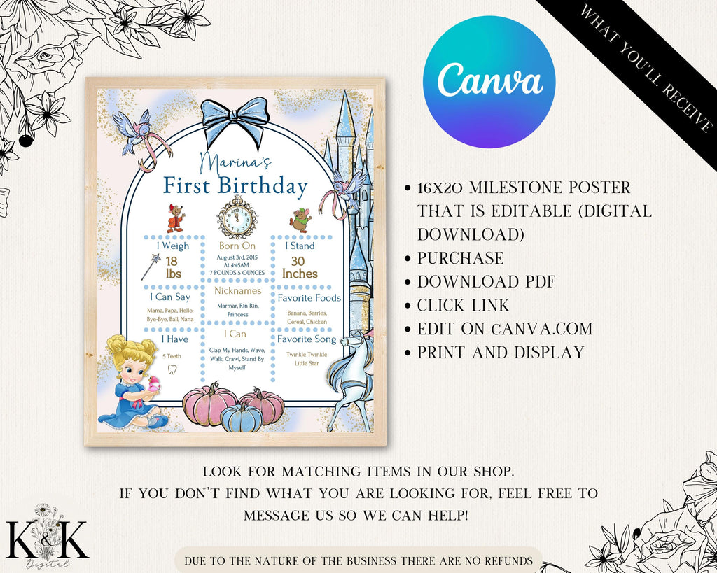 Cinderella Milestone Sign, Milestone Poster, Printable Baby First Birthday Milestone sign, Digital file, BC001