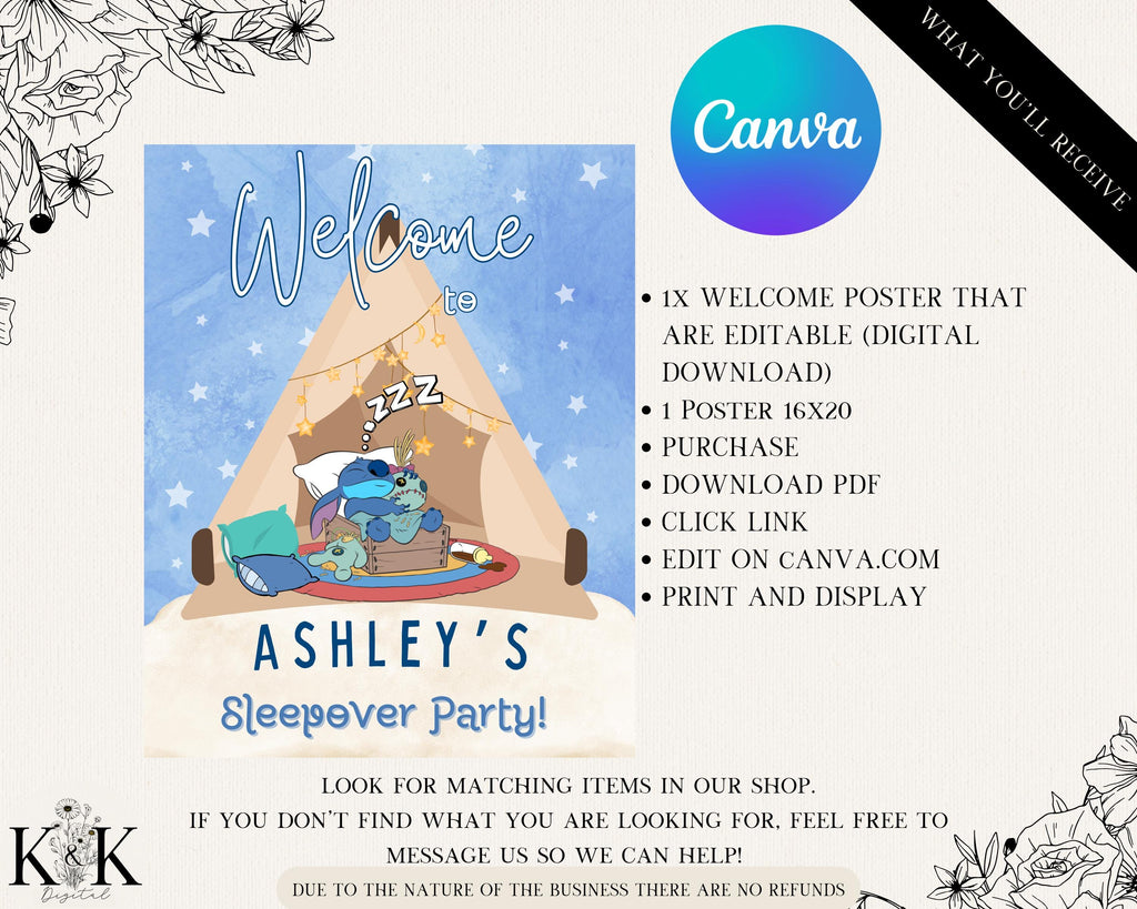 Lilo and Stich Slumber Party Welcome Sign, Stitch Sleepover Birthday Poster, Stitch Party, Digital Welcome Sign, Birthday Party Signage S006