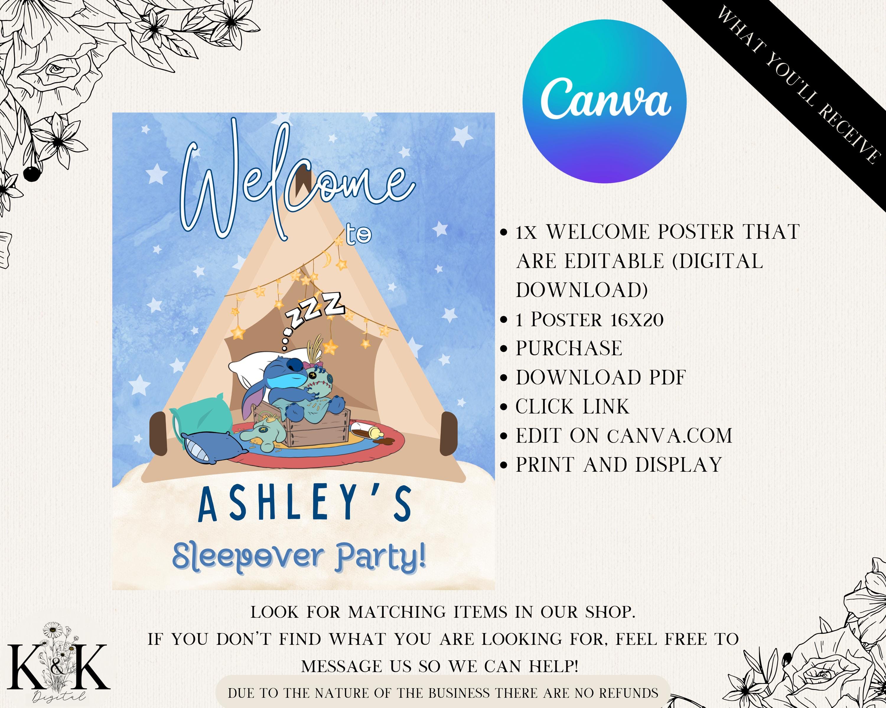 Lilo and Stich Slumber Party Welcome Sign, Stitch Sleepover Birthday Poster, Stitch Party, Digital Welcome Sign, Birthday Party Signage S006