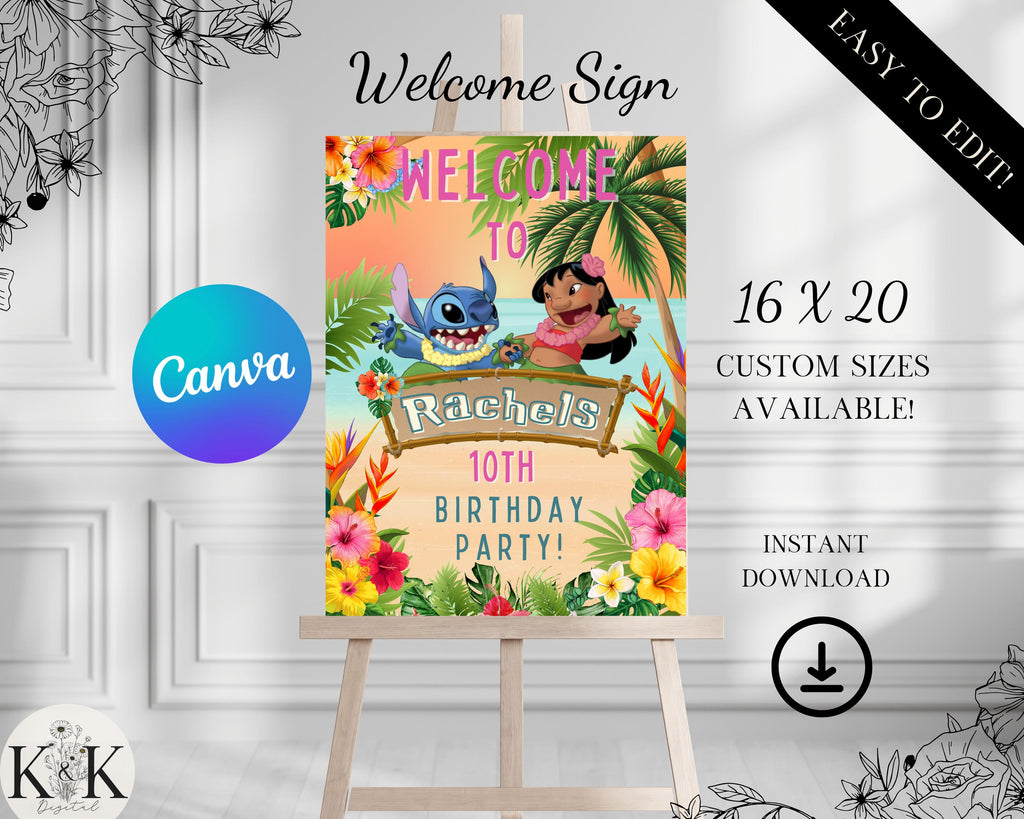 Lilo and Stich Tropical Party Welcome Sign, Stitch Luau Birthday Poster, Stitch Party, Digital Welcome Sign, Birthday Party Signage ST001