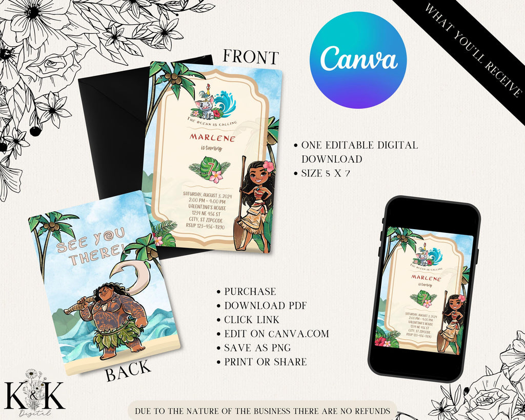Editable Baby Moana Birthday Invitation, Printable Moana Birthday invite, Kids party Template, Canva Template ,Instant Download, Tropical
