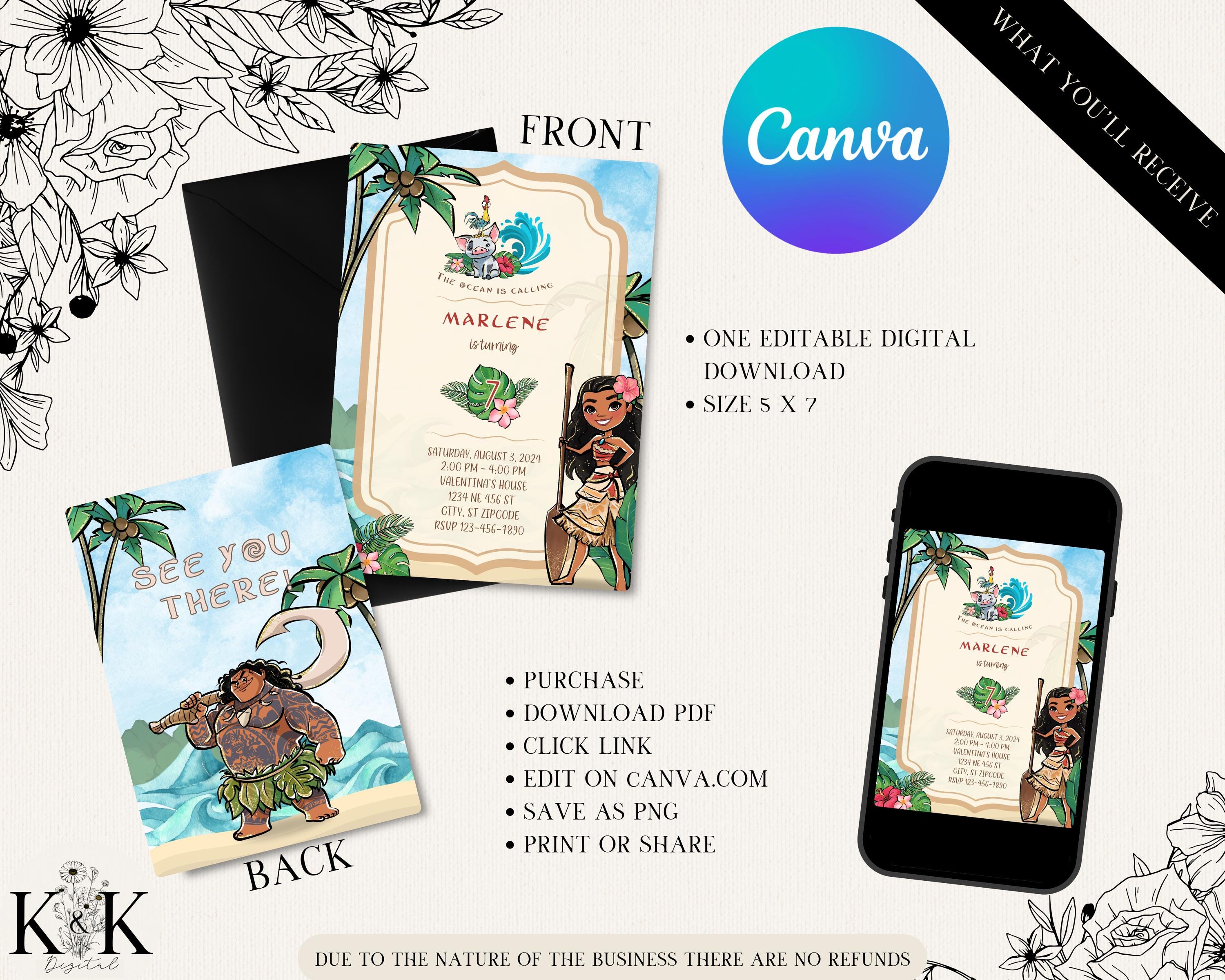 Editable Baby Moana Birthday Invitation, Printable Moana Birthday invite, Kids party Template, Canva Template ,Instant Download, Tropical