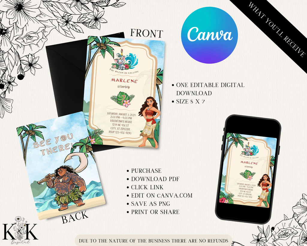 Editable Moana Birthday Invitation, Printable Moana Birthday invite, Kids party Template, Canva Template ,Instant Download, Tropical