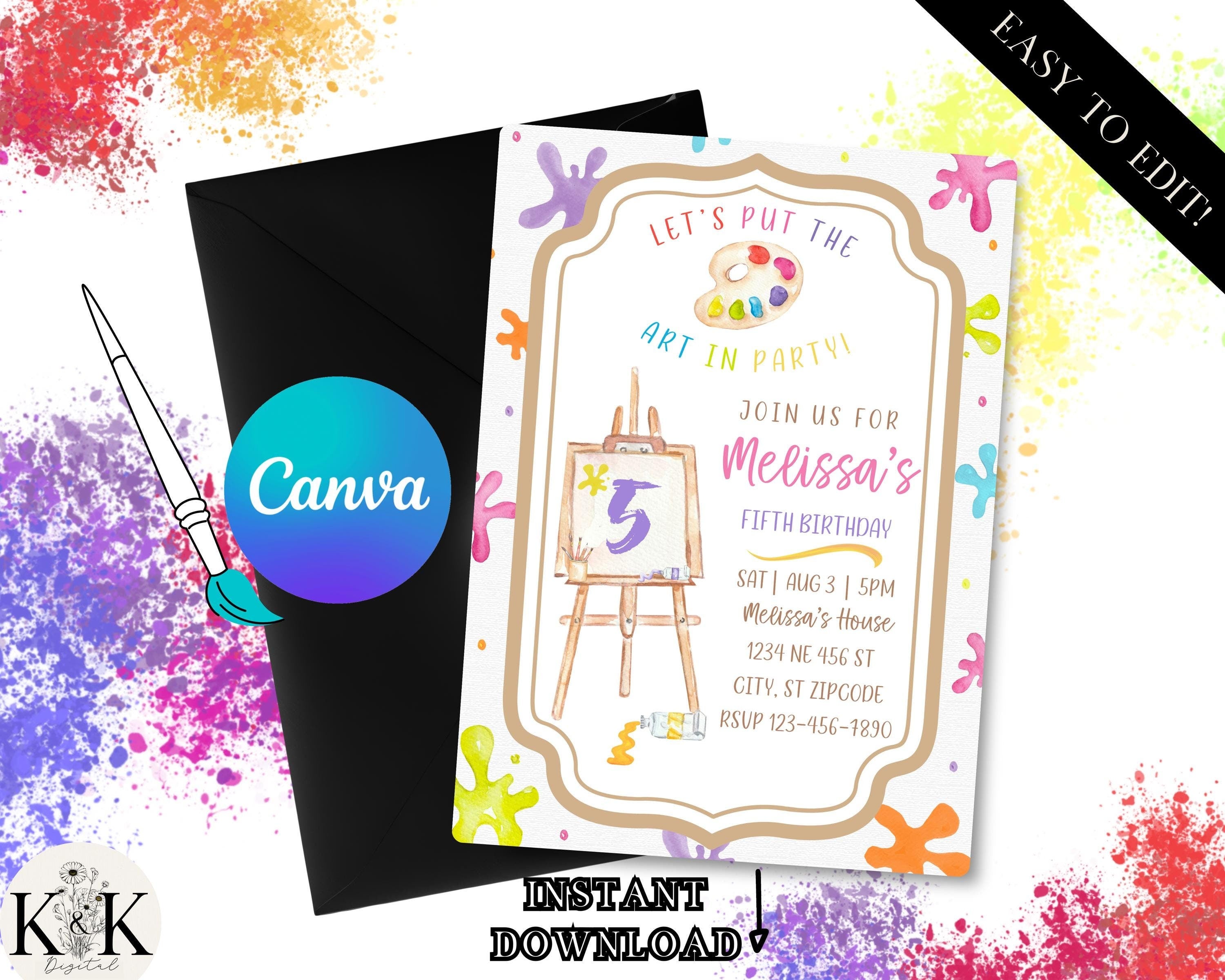 Editable Art Birthday Party Invitation, Art in Party Birthday Party Invite, Art Painting Artist Birthday Mobile Invitation, Colorful Paint