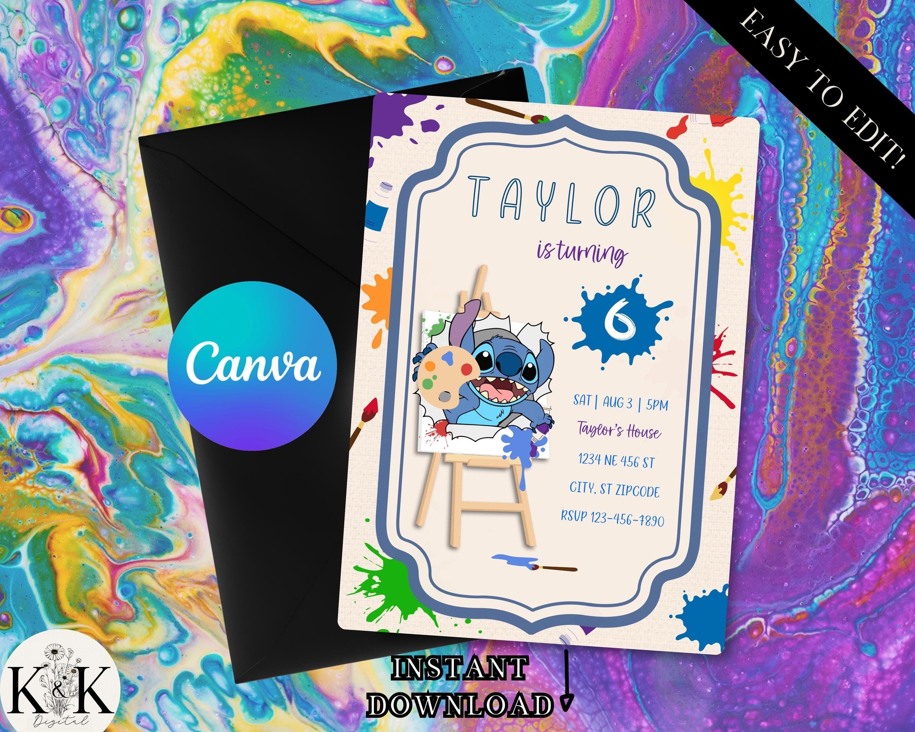 Stitch Art Theme Party Invitation, Digital Invitation, Canva Template, Stitch Party, Art Party, Editable Art Birthday Party Invitation