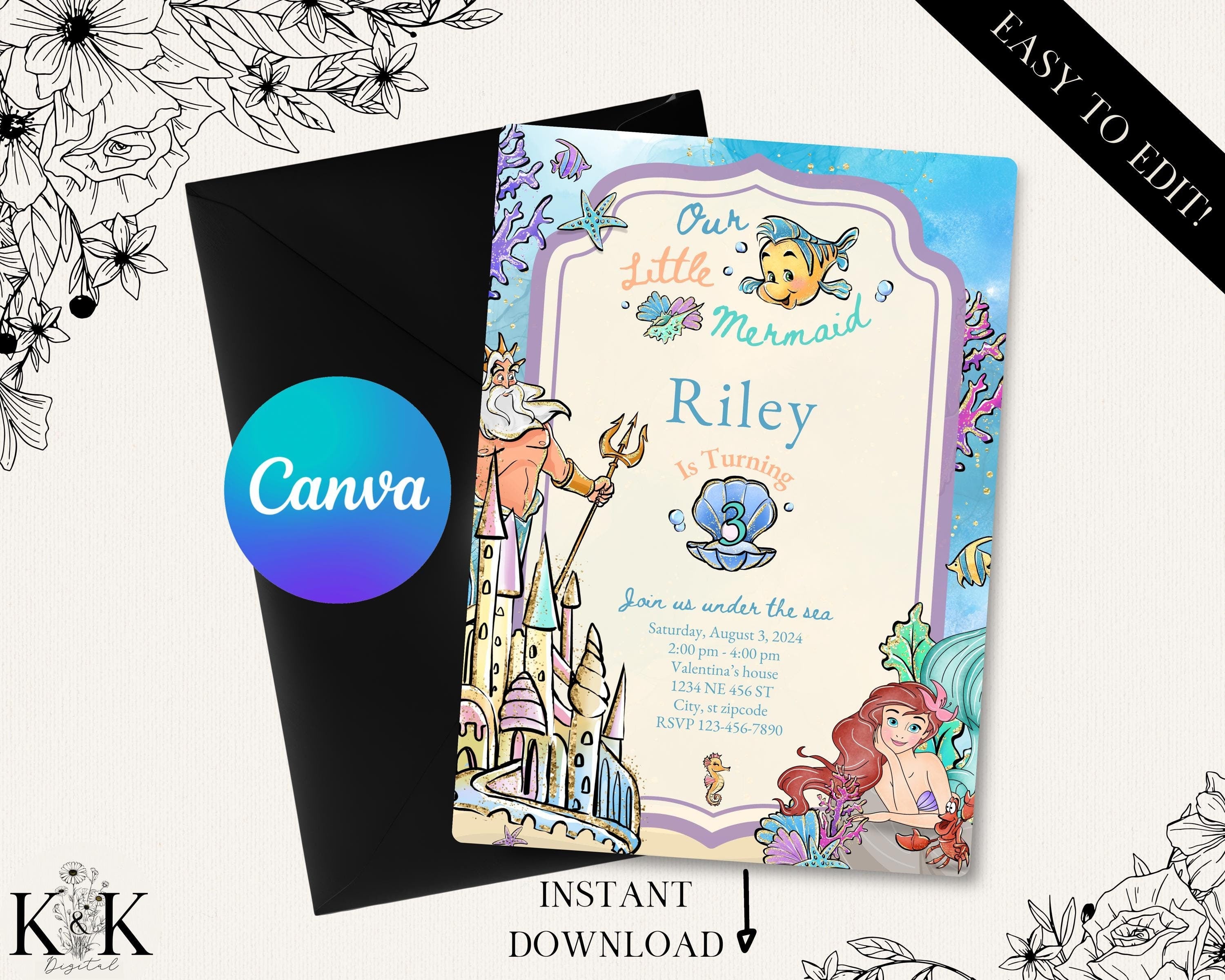 Little Mermaid Birthday Invitation, Editable Digital File, Princess Party Theme, Instant Download, Digital Invitation, Ariel Sea Party, D006