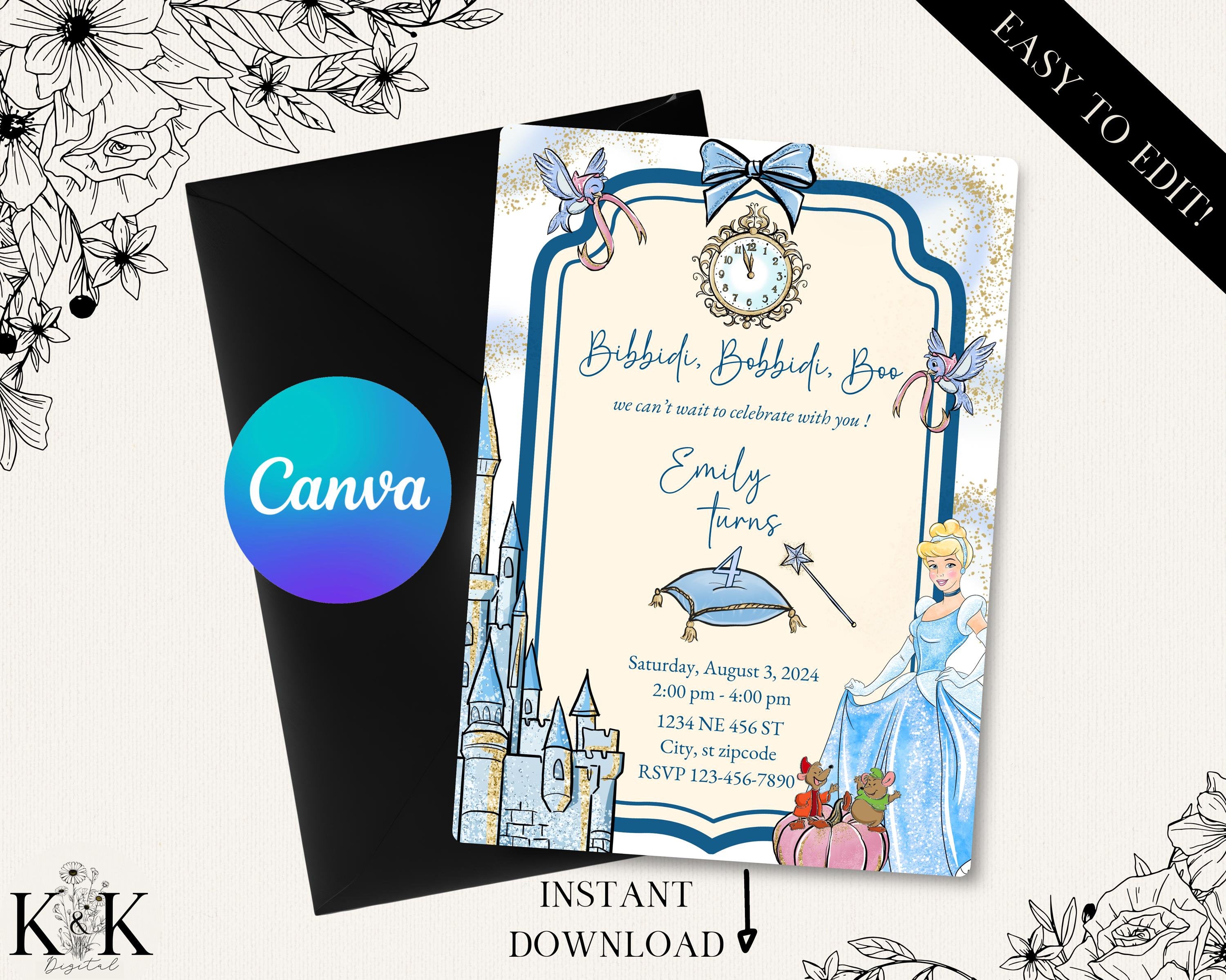 Cinderella Birthday Invitation, Princess Party Theme, Disney Party, Cinderella Party Invite, Canva Template, Digital Invitation, Royal, D013