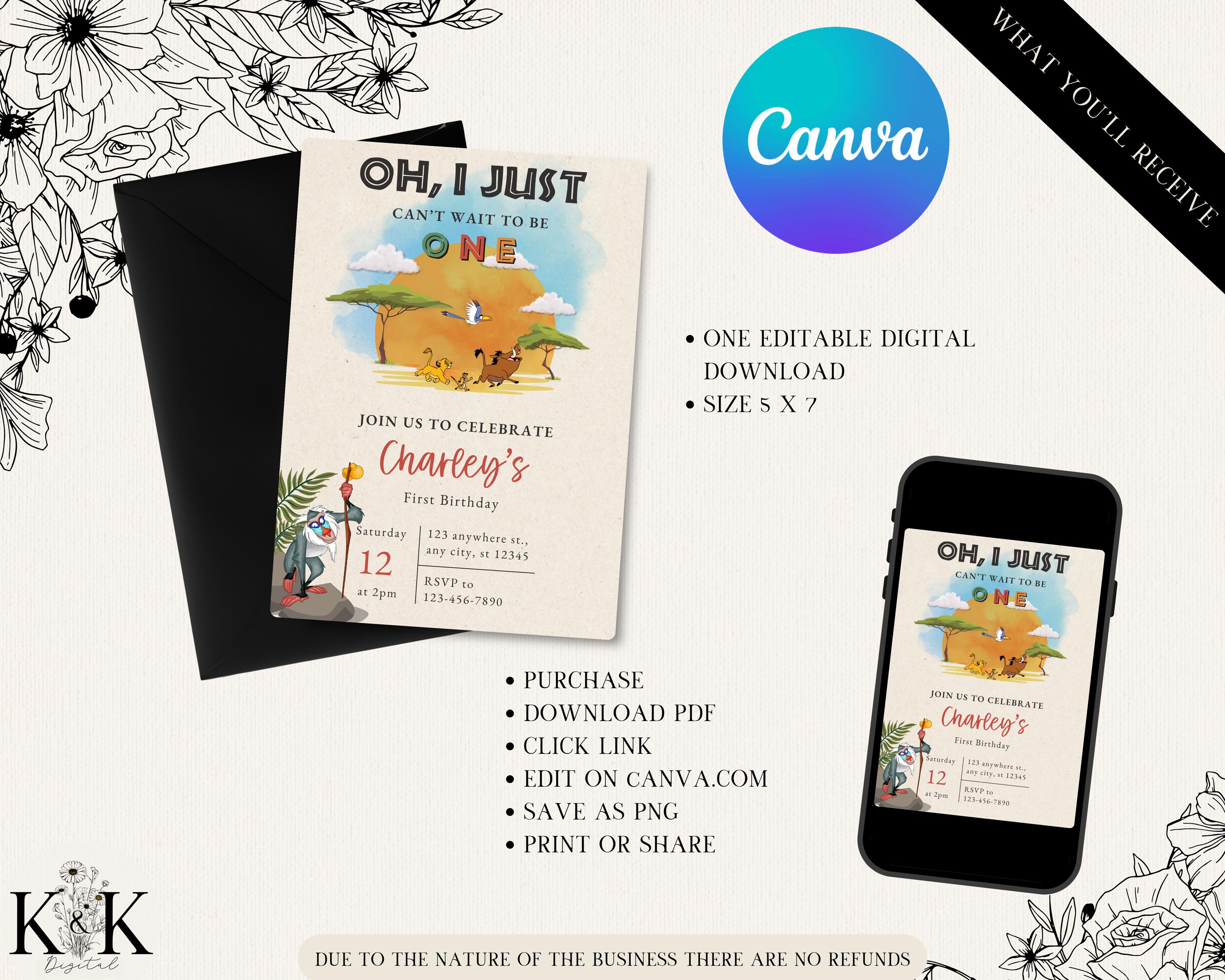 Lion King Birthday Invitation, Editable Digital File, Jungle Party Theme, Instant Download, Digital Invitation, Simba Party
