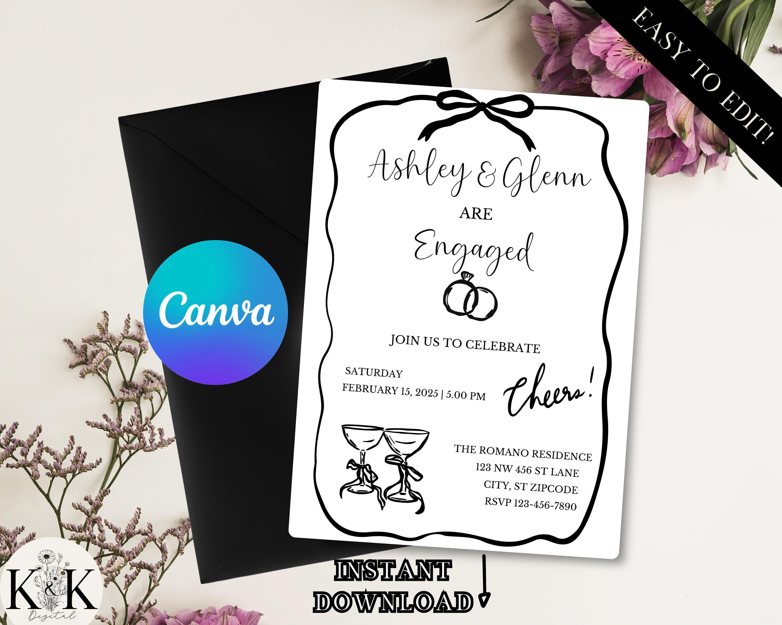 Engagement Party Invitation, Party Invitation, Lets Celebrate, DIY Canva Template, Bride To Be, She Said Yes, Wedding Template, Coquette