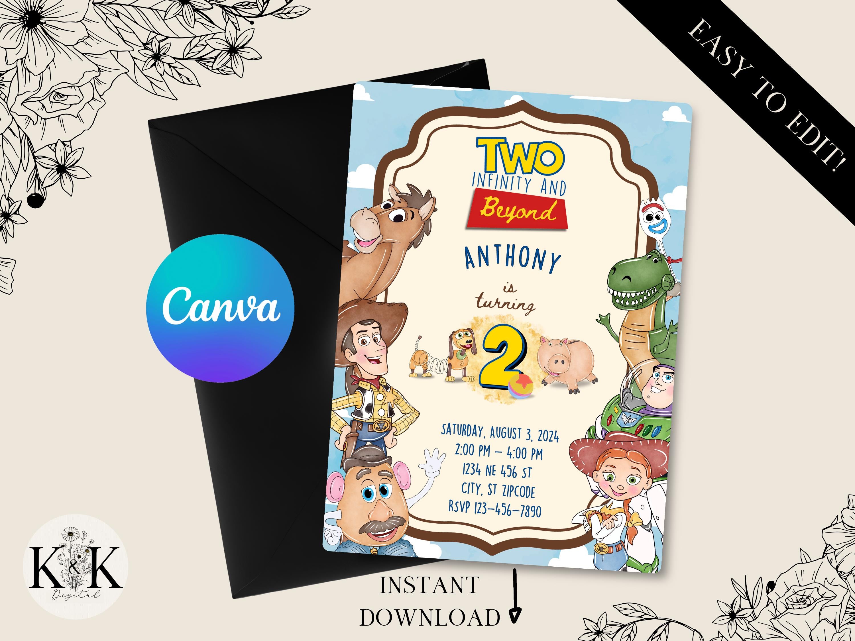 Two Infinity And Beyond Birthday Toy Story Invitation, Second Birthday Party, Kids Digital invitation, Kids Birthday Party, Template, T001