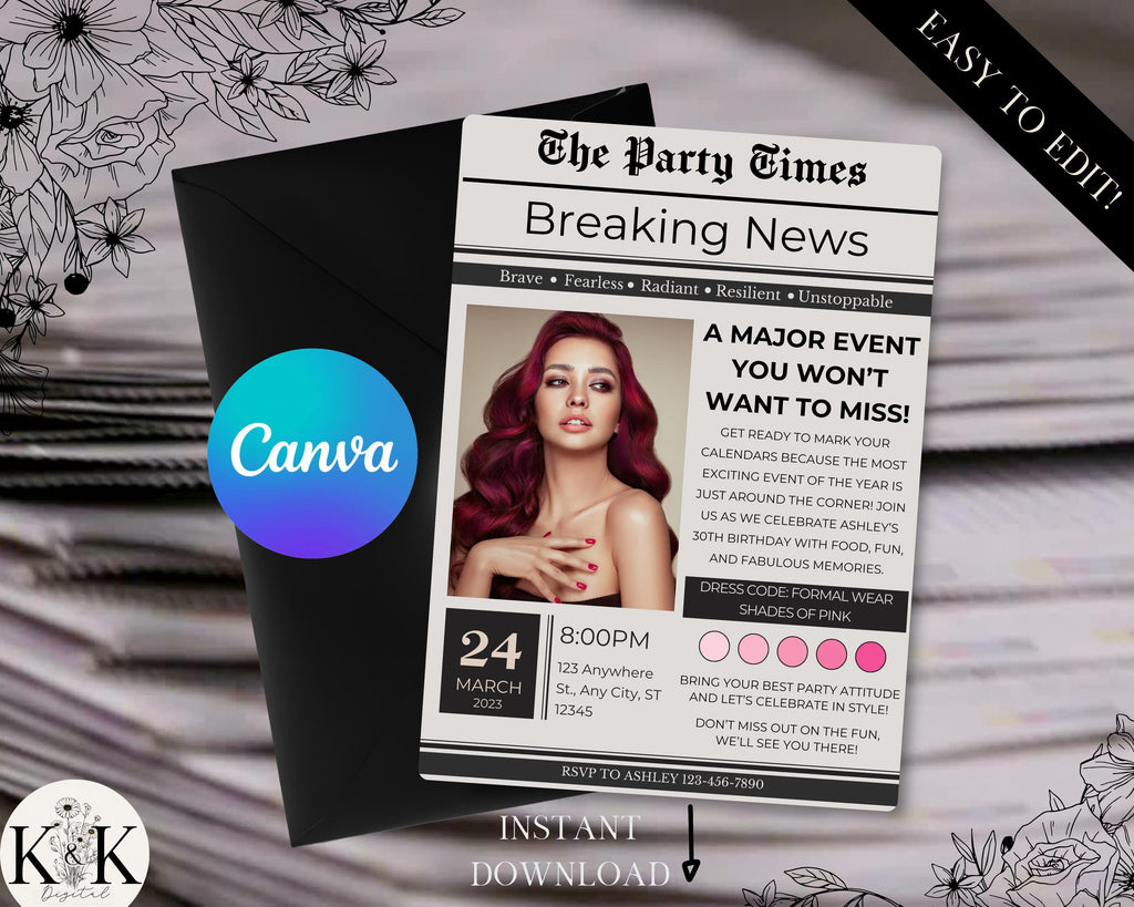 Newspaper-Themed Birthday Digital Invitation, Customizable Printable Invite, Vintage Style Party Invitation, Instant Download, Breaking News