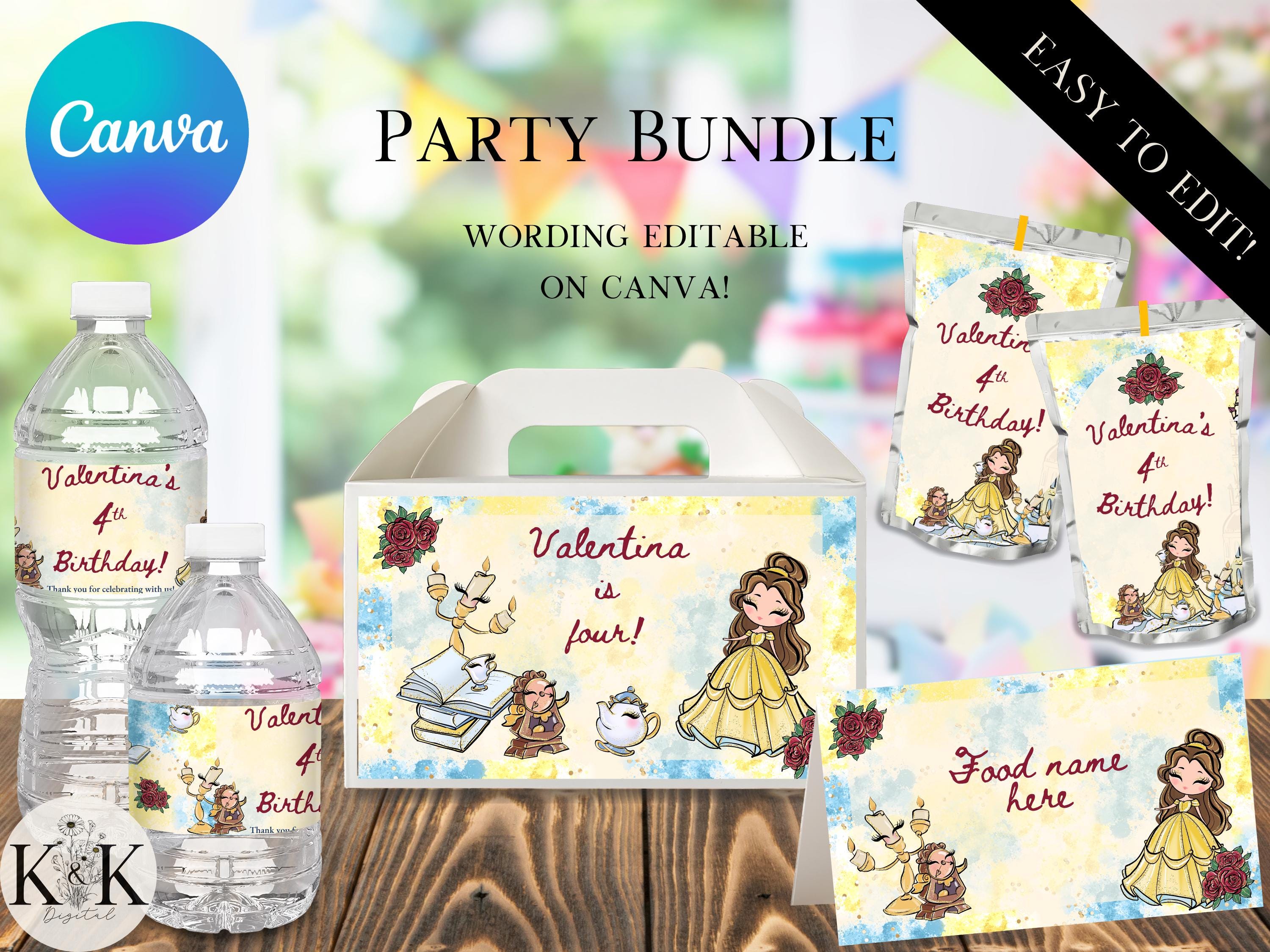 Party Pack , Birthday Bundle, Belle Birthday Party Favors, Beauty and the Beast Party, Party Kit Birthday Editable Templates, BB001