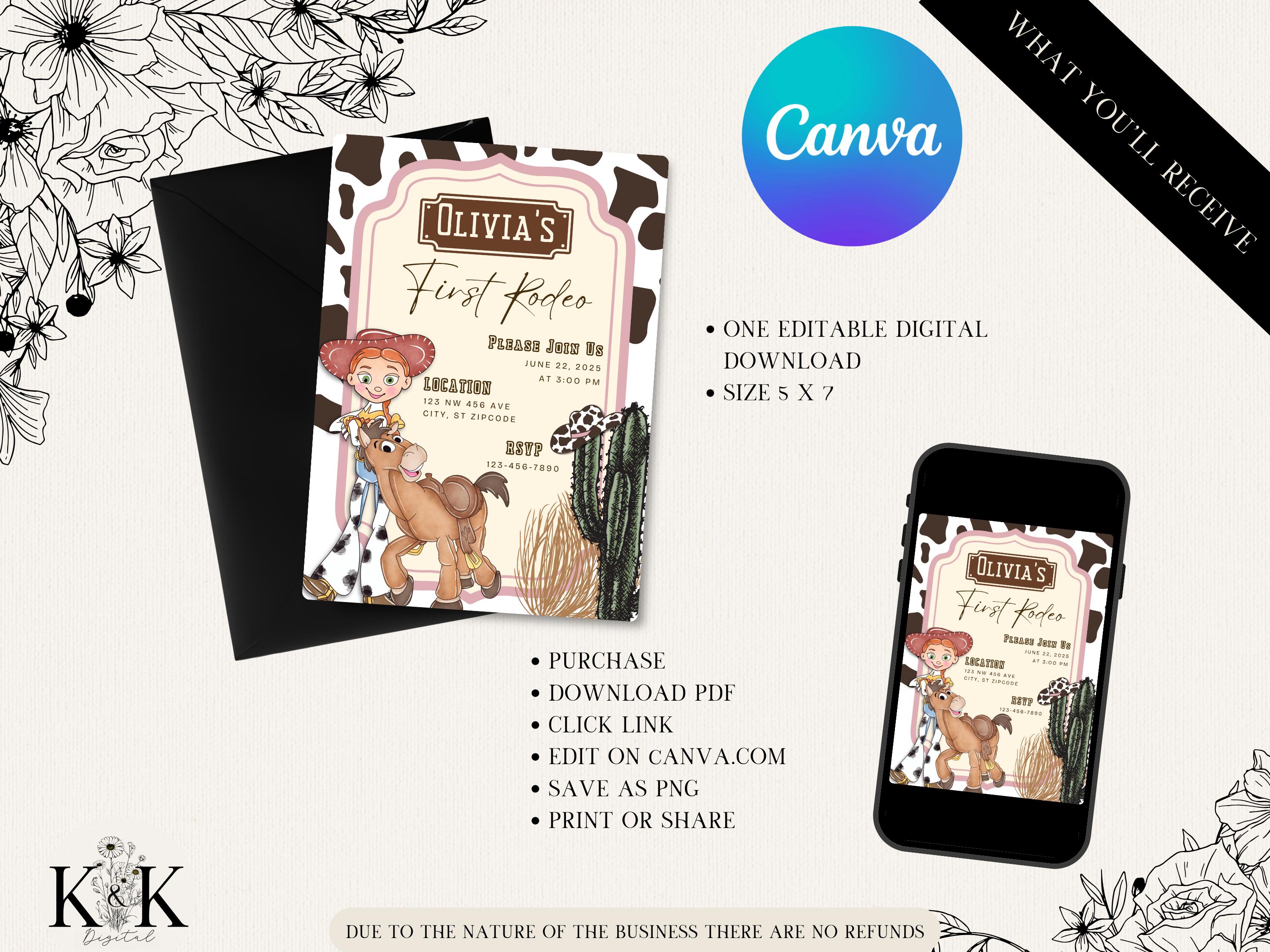 Toy Story Birthday Invitation, Jessie and Bullseye Digital and Printable Invitation, First Rodeo, Cow print, Cowgirl Invite, Western Party