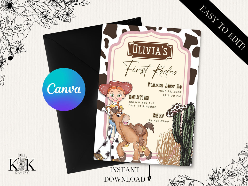 Toy Story Birthday Invitation, Jessie and Bullseye Digital and Printable Invitation, First Rodeo, Cow print, Cowgirl Invite, Western Party