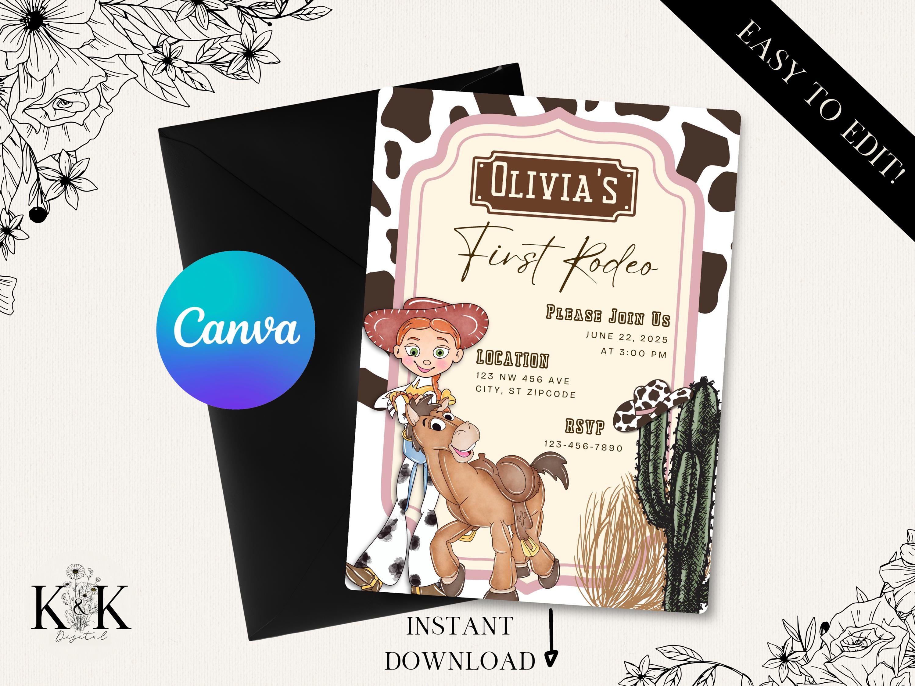 Toy Story Birthday Invitation, Jessie and Bullseye Digital and Printable Invitation, First Rodeo, Cow print, Cowgirl Invite, Western Party
