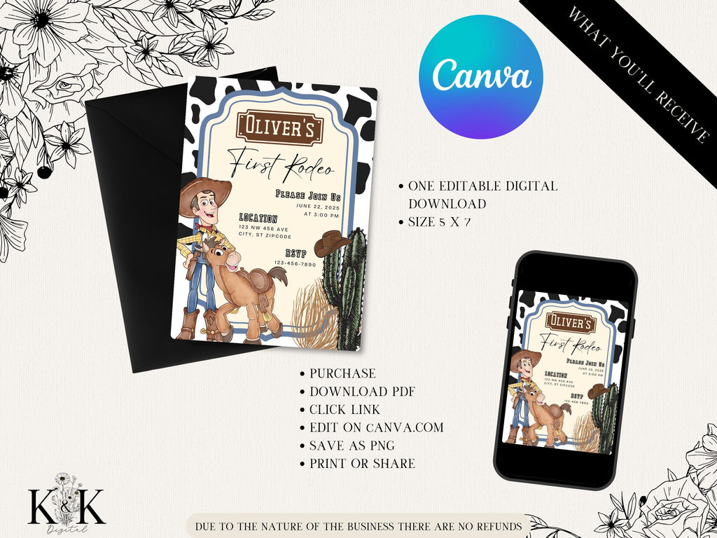 Toy Story Birthday Invitation, Woody and Bullseye Digital and Printable Invitation, First Rodeo, Cow print, Cowboy Invite, Western Party